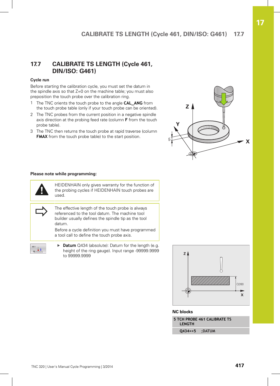 7 calibrate ts length (cycle 461, din/iso: g461), Calibrate ts length (cycle 461, din/iso: g461) | HEIDENHAIN TNC 320 (77185x-01) Cycle programming User Manual | Page 417 / 445