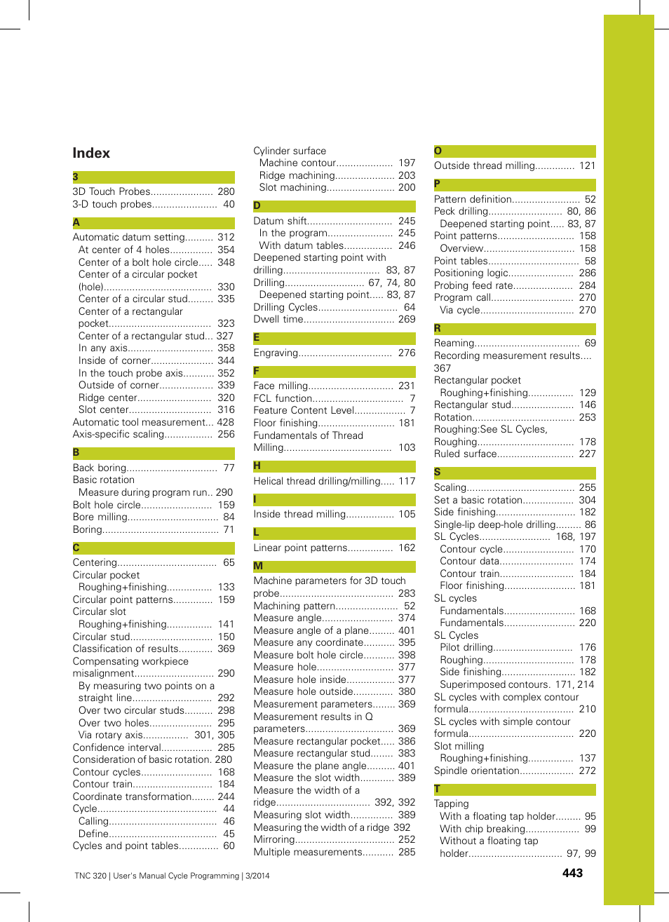 Index | HEIDENHAIN TNC 320 (77185x-01) Cycle programming User Manual | Page 443 / 445