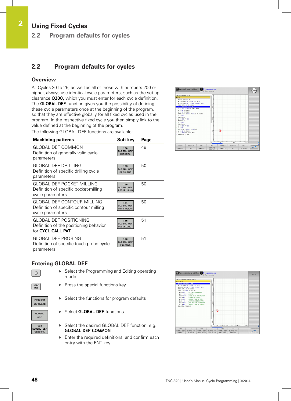 2 program defaults for cycles, Overview, Entering global def | Program defaults for cycles, Using fixed cycles 2.2 program defaults for cycles | HEIDENHAIN TNC 320 (77185x-01) Cycle programming User Manual | Page 48 / 445