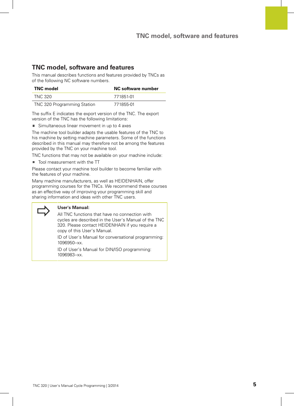 Tnc model, software and features | HEIDENHAIN TNC 320 (77185x-01) Cycle programming User Manual | Page 5 / 445