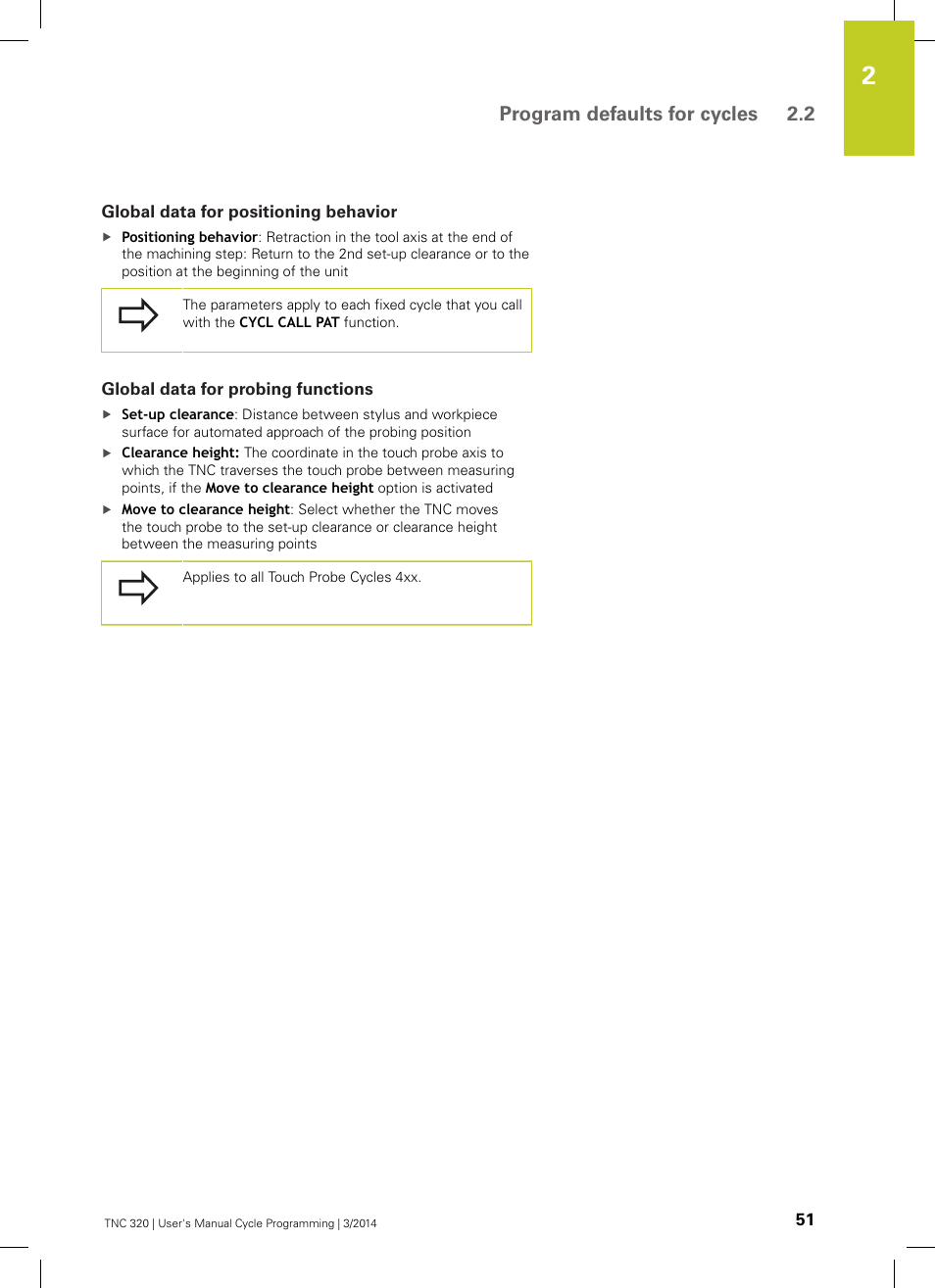 Global data for positioning behavior, Global data for probing functions, Program defaults for cycles 2.2 | HEIDENHAIN TNC 320 (77185x-01) Cycle programming User Manual | Page 51 / 445