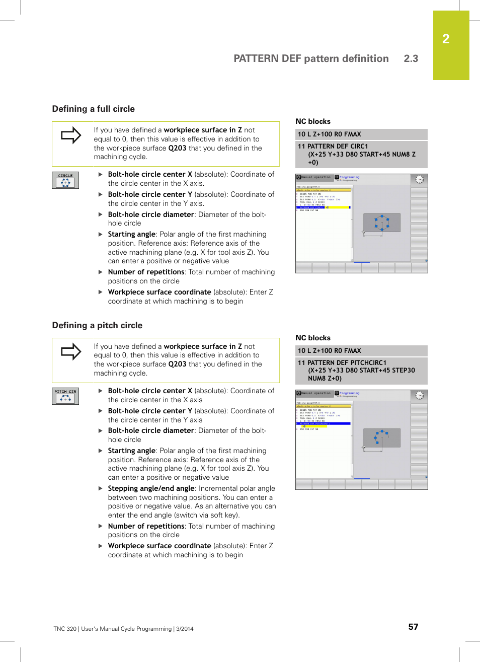 Defining a full circle, Defining a pitch circle, Pattern def pattern definition 2.3 | HEIDENHAIN TNC 320 (77185x-01) Cycle programming User Manual | Page 57 / 445