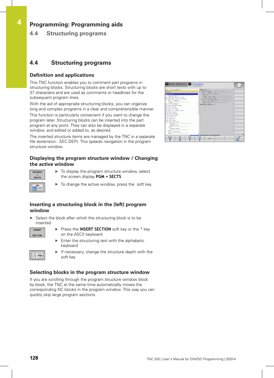 4 structuring programs, Definition and applications, Selecting blocks in the program structure window | Structuring programs | HEIDENHAIN TNC 320 (77185x-01) ISO programming User Manual | Page 128 / 556