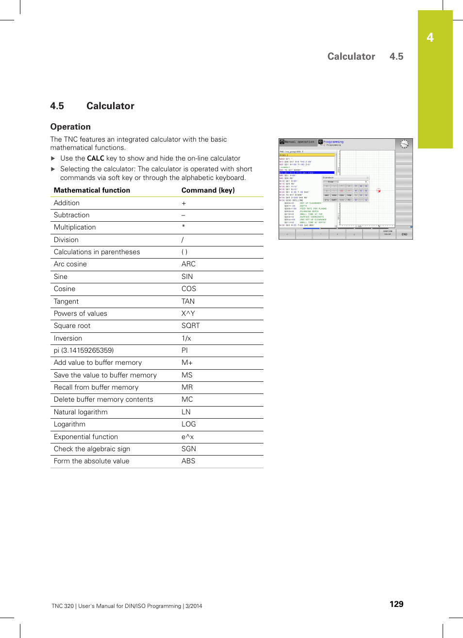 5 calculator, Operation, Calculator | Calculator 4.5 | HEIDENHAIN TNC 320 (77185x-01) ISO programming User Manual | Page 129 / 556