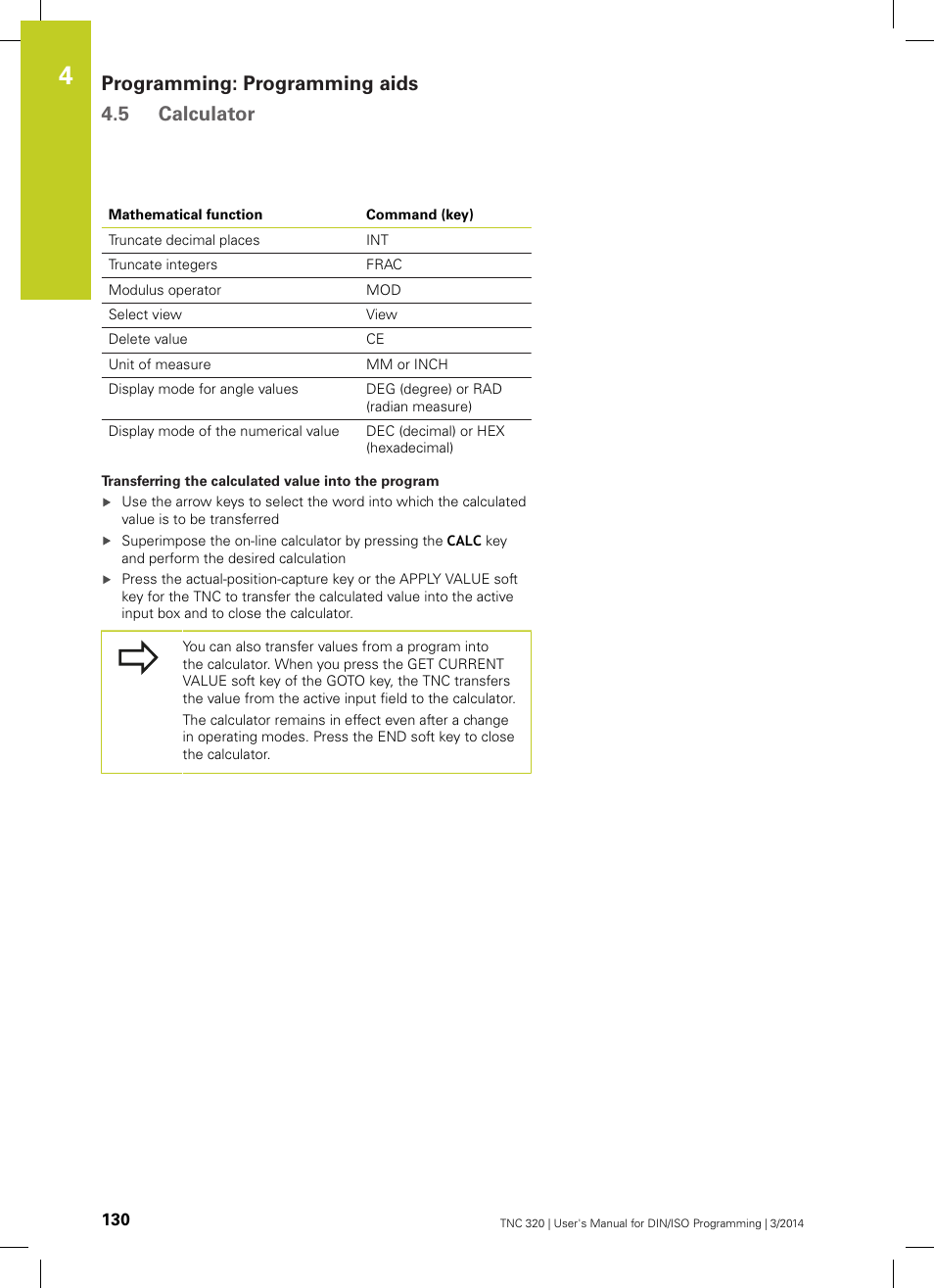 Programming: programming aids 4.5 calculator | HEIDENHAIN TNC 320 (77185x-01) ISO programming User Manual | Page 130 / 556