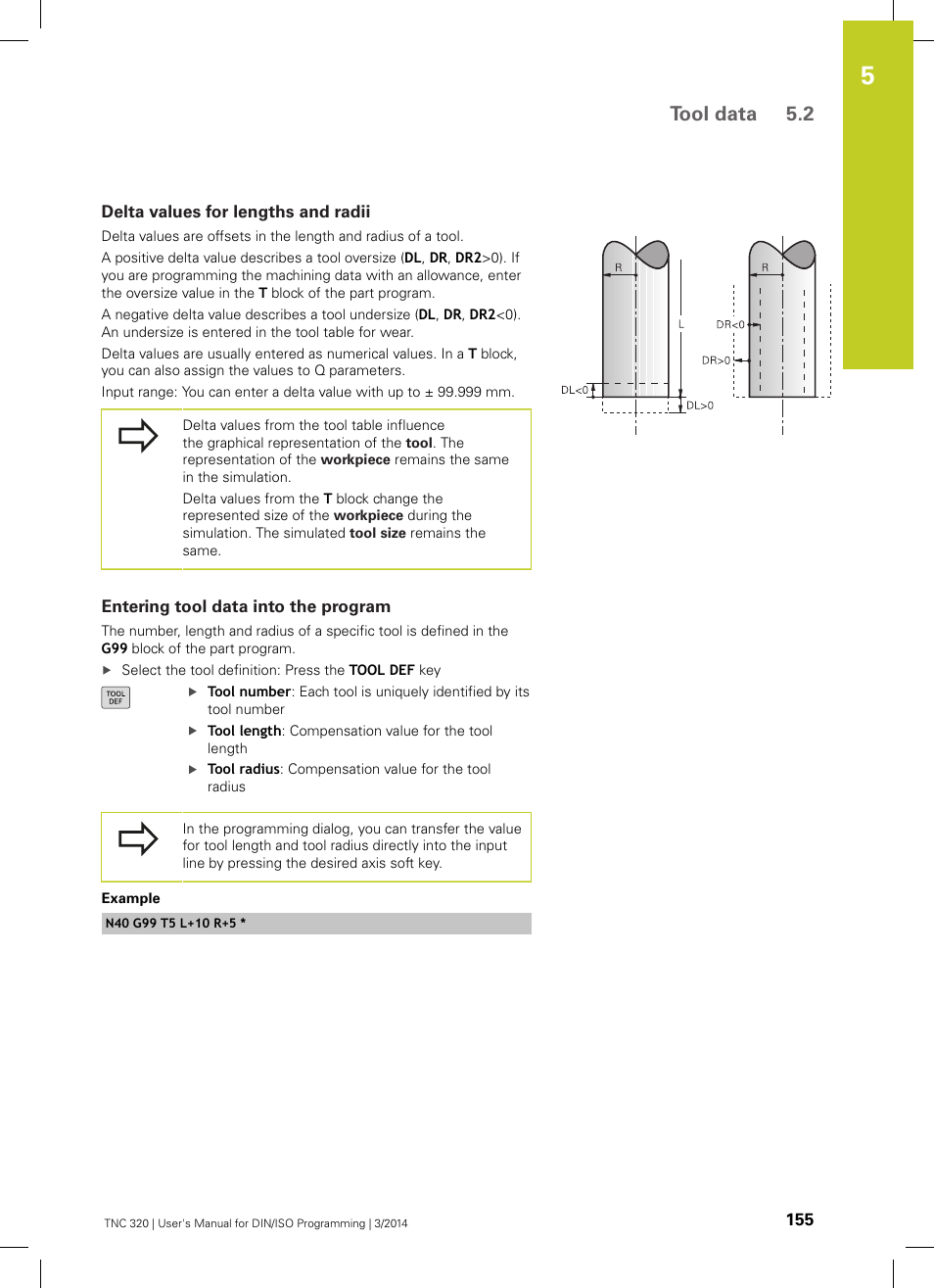 Delta values for lengths and radii, Entering tool data into the program, Tool data 5.2 | HEIDENHAIN TNC 320 (77185x-01) ISO programming User Manual | Page 155 / 556