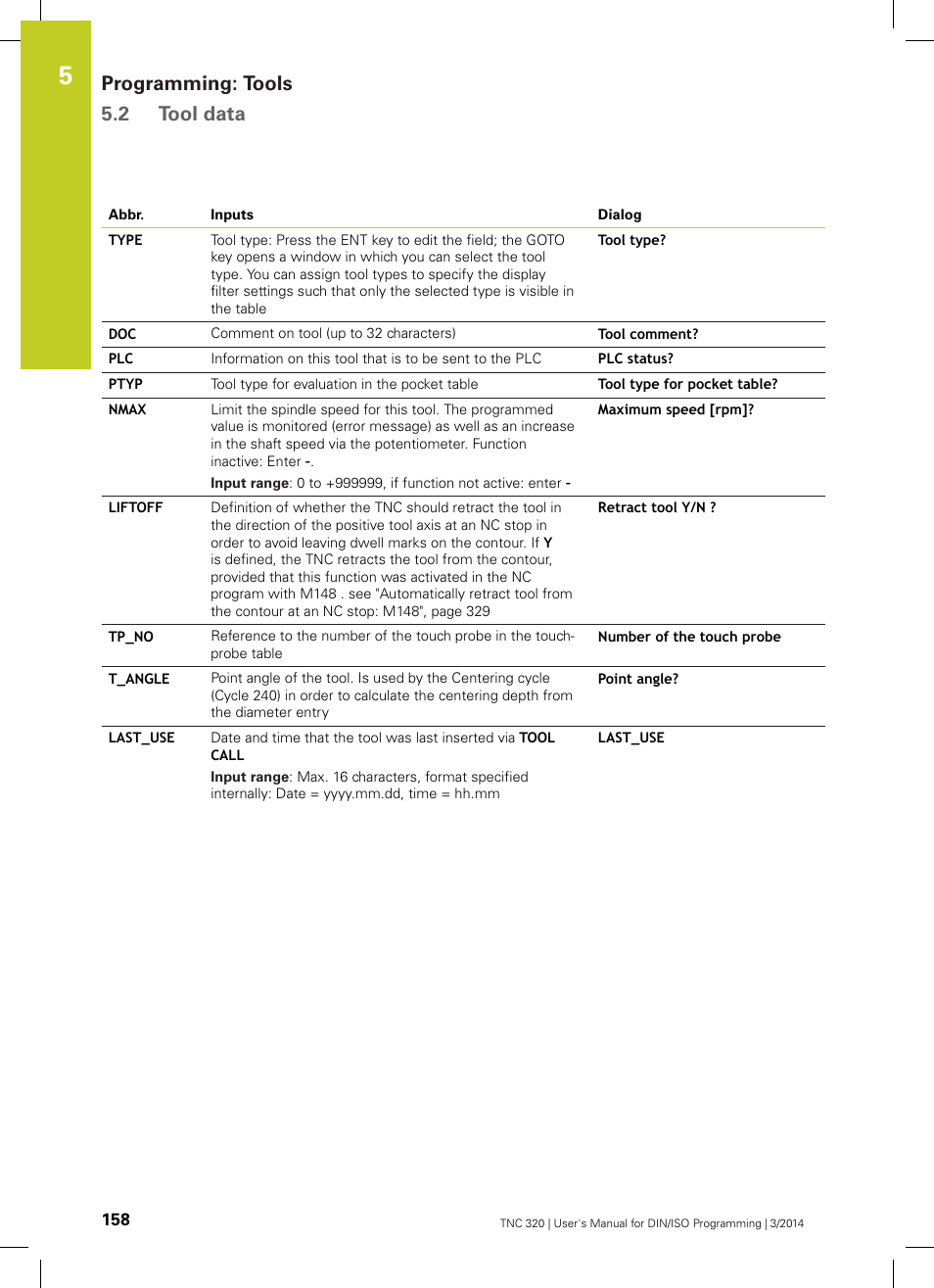 Programming: tools 5.2 tool data | HEIDENHAIN TNC 320 (77185x-01) ISO programming User Manual | Page 158 / 556