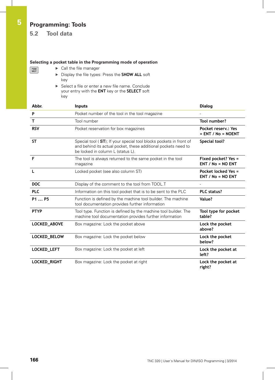 Programming: tools 5.2 tool data | HEIDENHAIN TNC 320 (77185x-01) ISO programming User Manual | Page 166 / 556