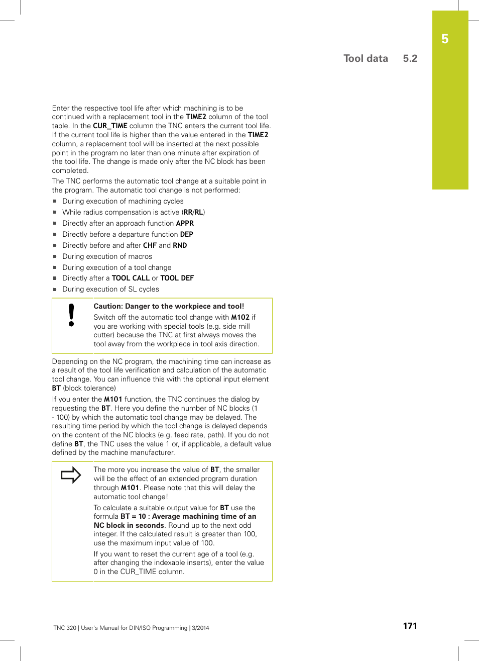 Tool data 5.2 | HEIDENHAIN TNC 320 (77185x-01) ISO programming User Manual | Page 171 / 556