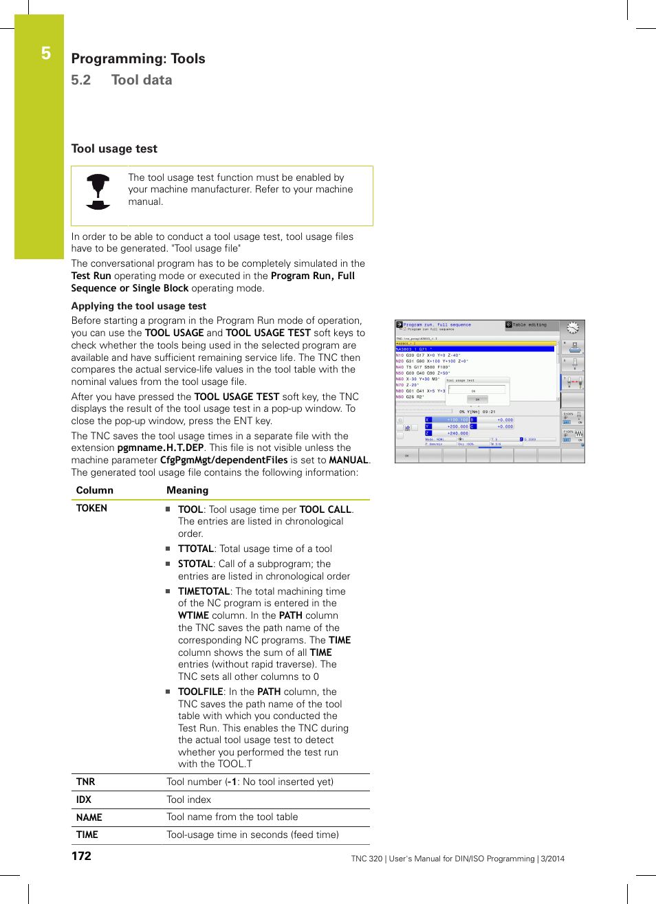 Tool usage test, Programming: tools 5.2 tool data | HEIDENHAIN TNC 320 (77185x-01) ISO programming User Manual | Page 172 / 556