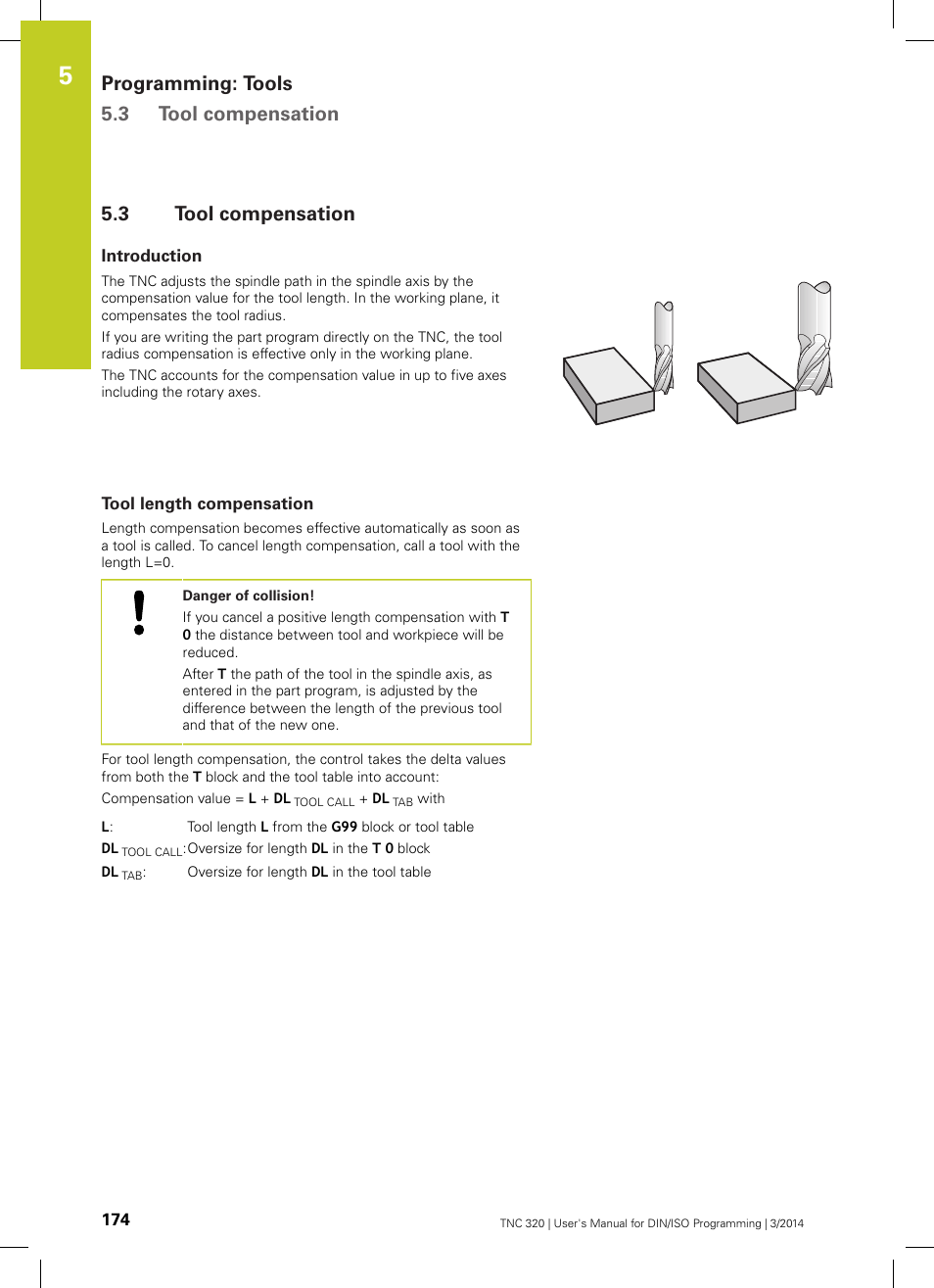 3 tool compensation, Introduction, Tool length compensation | Tool compensation, Programming: tools 5.3 tool compensation | HEIDENHAIN TNC 320 (77185x-01) ISO programming User Manual | Page 174 / 556