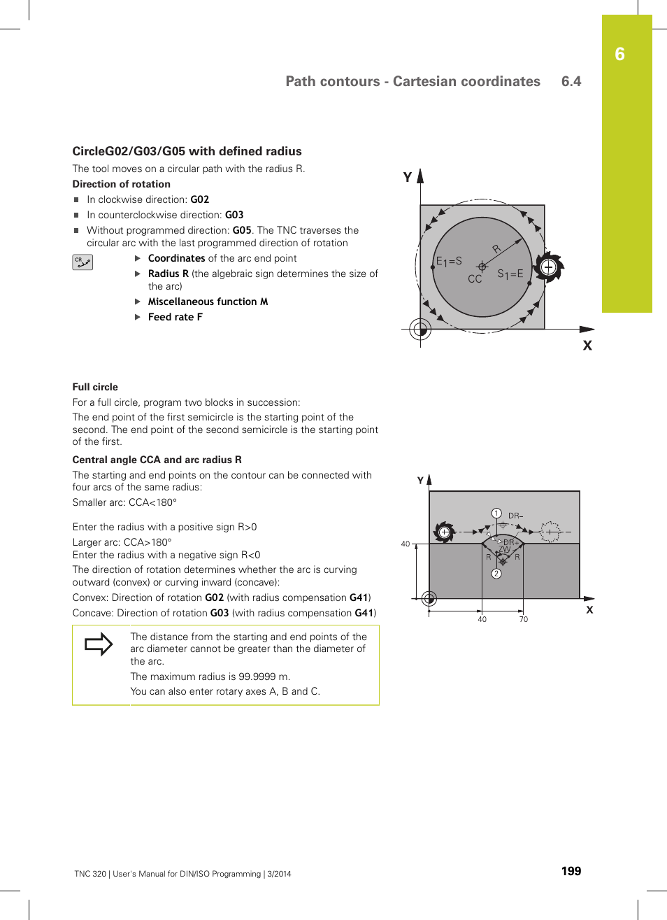 Circleg02/g03/g05 with defined radius, Path contours - cartesian coordinates 6.4 | HEIDENHAIN TNC 320 (77185x-01) ISO programming User Manual | Page 199 / 556