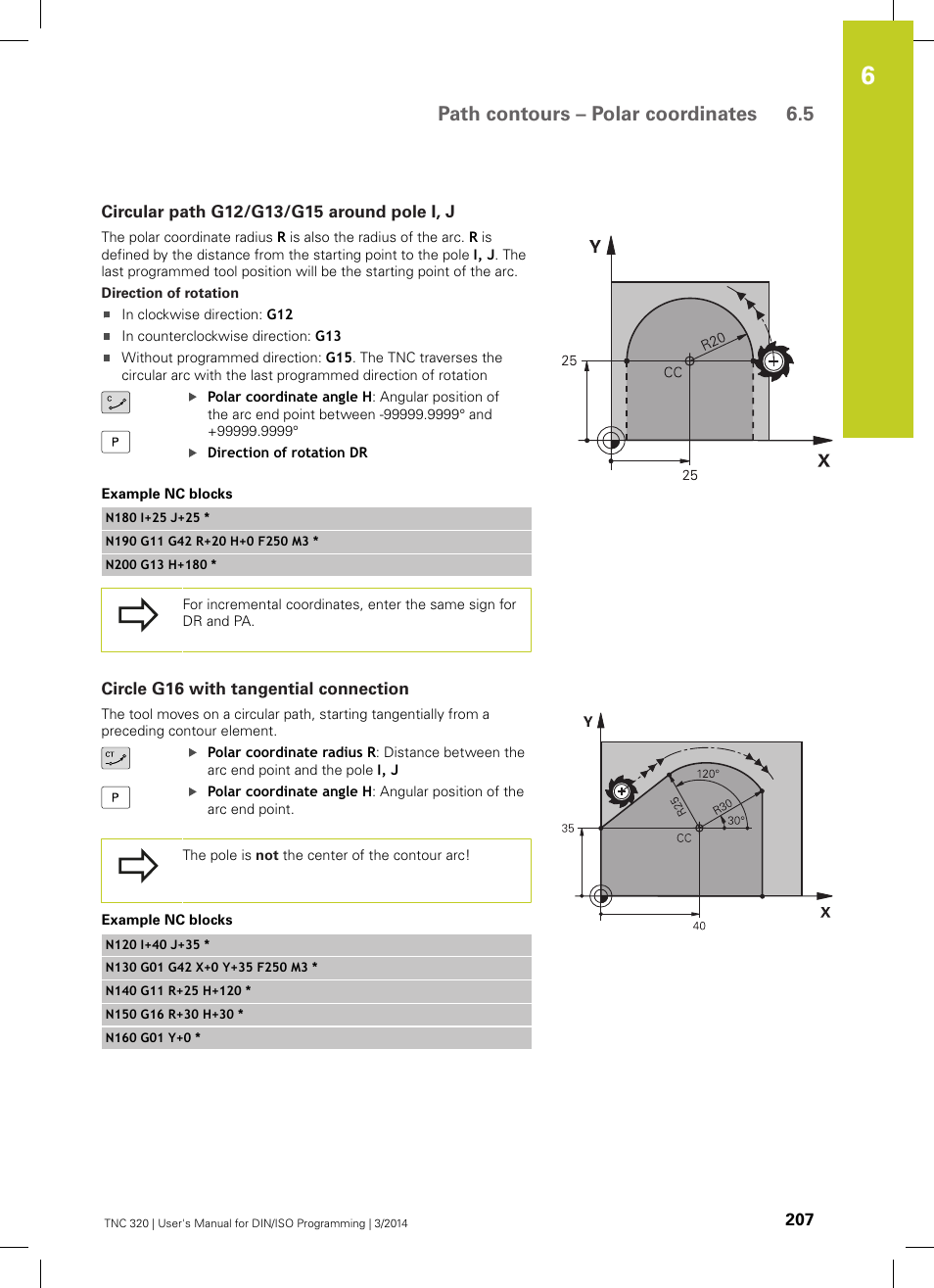 Circular path g12/g13/g15 around pole i, j, Circle g16 with tangential connection, Path contours – polar coordinates 6.5 | HEIDENHAIN TNC 320 (77185x-01) ISO programming User Manual | Page 207 / 556