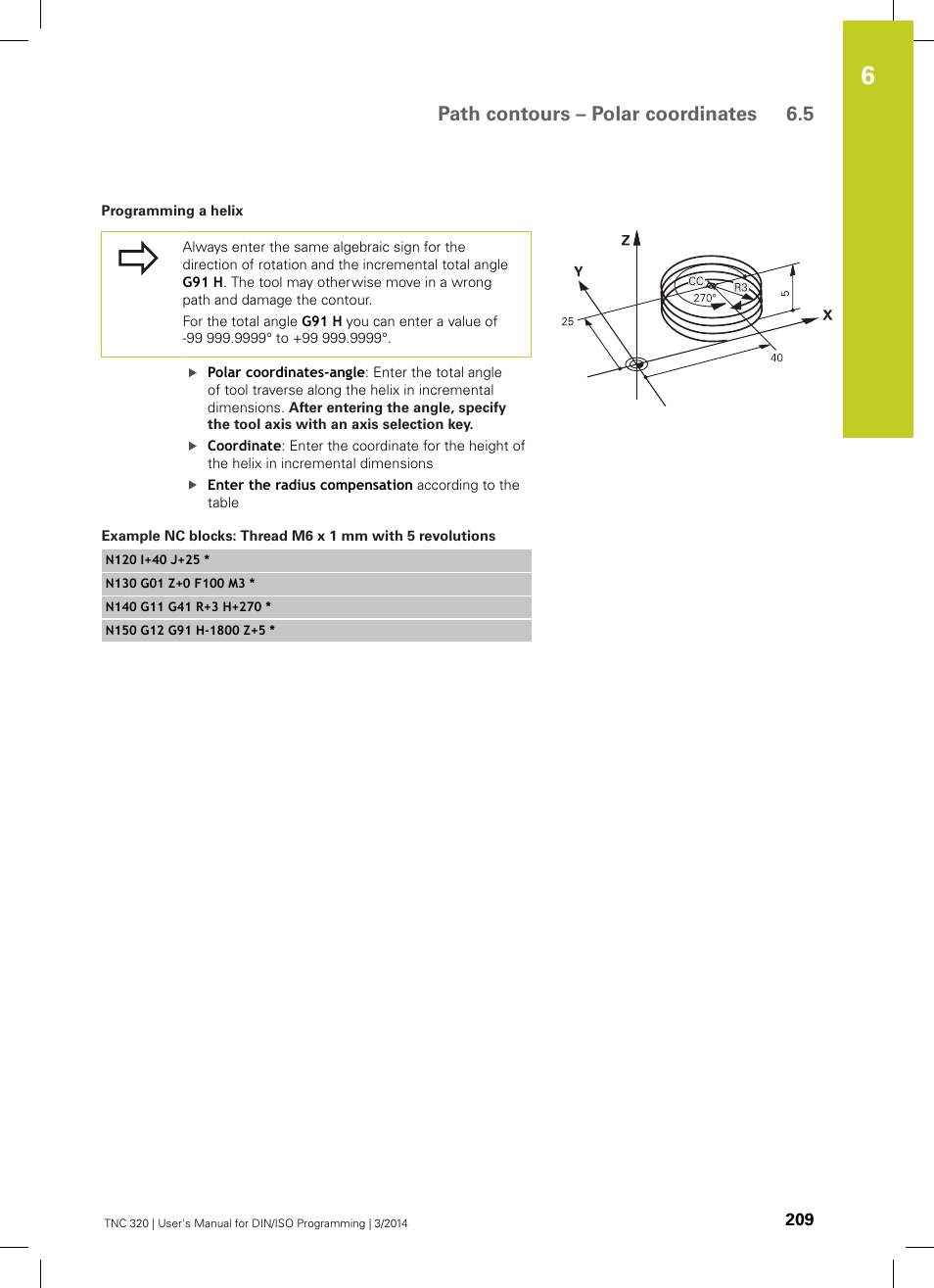Path contours – polar coordinates 6.5 | HEIDENHAIN TNC 320 (77185x-01) ISO programming User Manual | Page 209 / 556