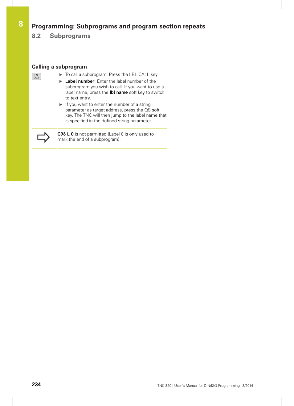 Calling a subprogram | HEIDENHAIN TNC 320 (77185x-01) ISO programming User Manual | Page 234 / 556