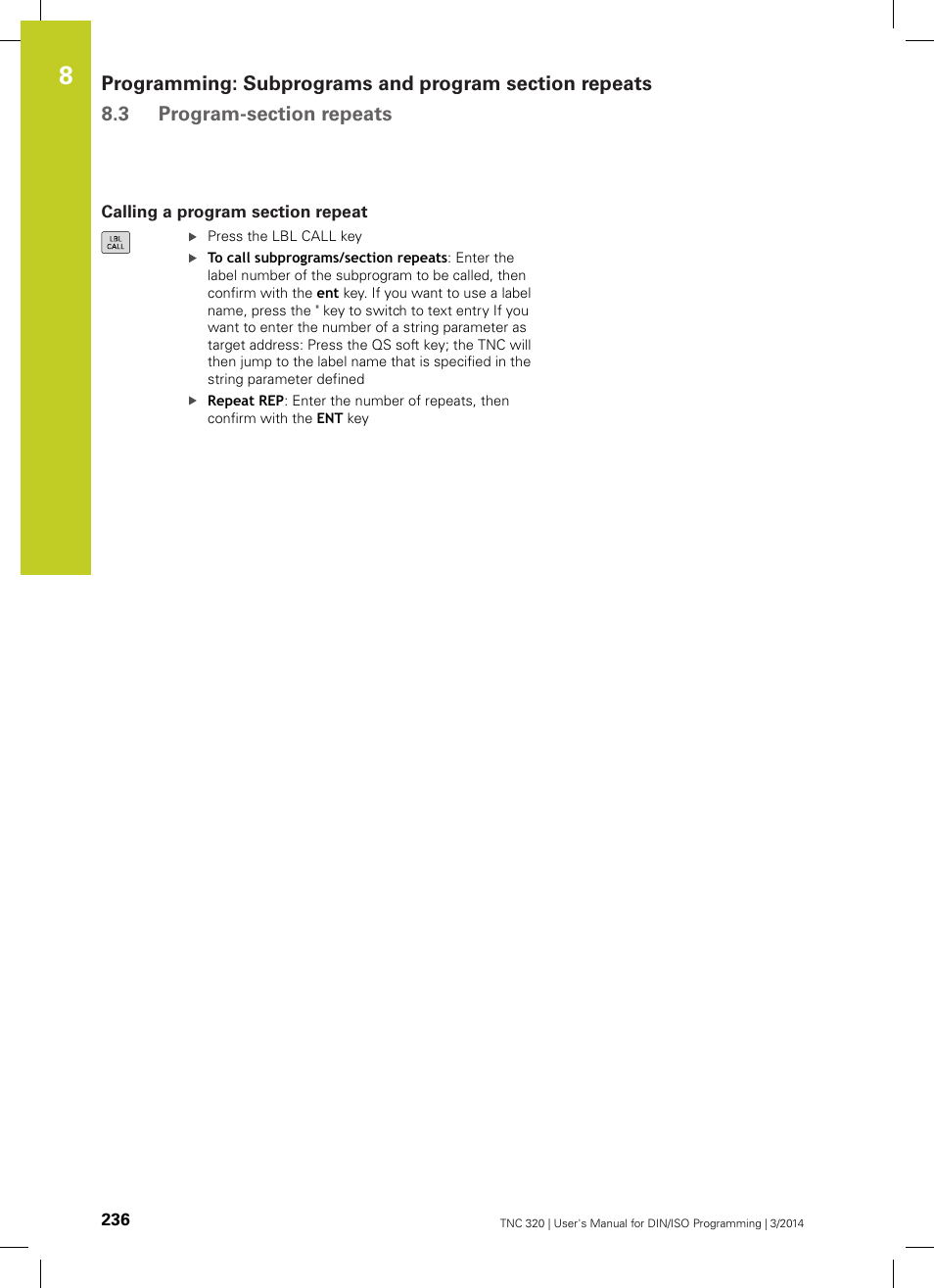 Calling a program section repeat | HEIDENHAIN TNC 320 (77185x-01) ISO programming User Manual | Page 236 / 556