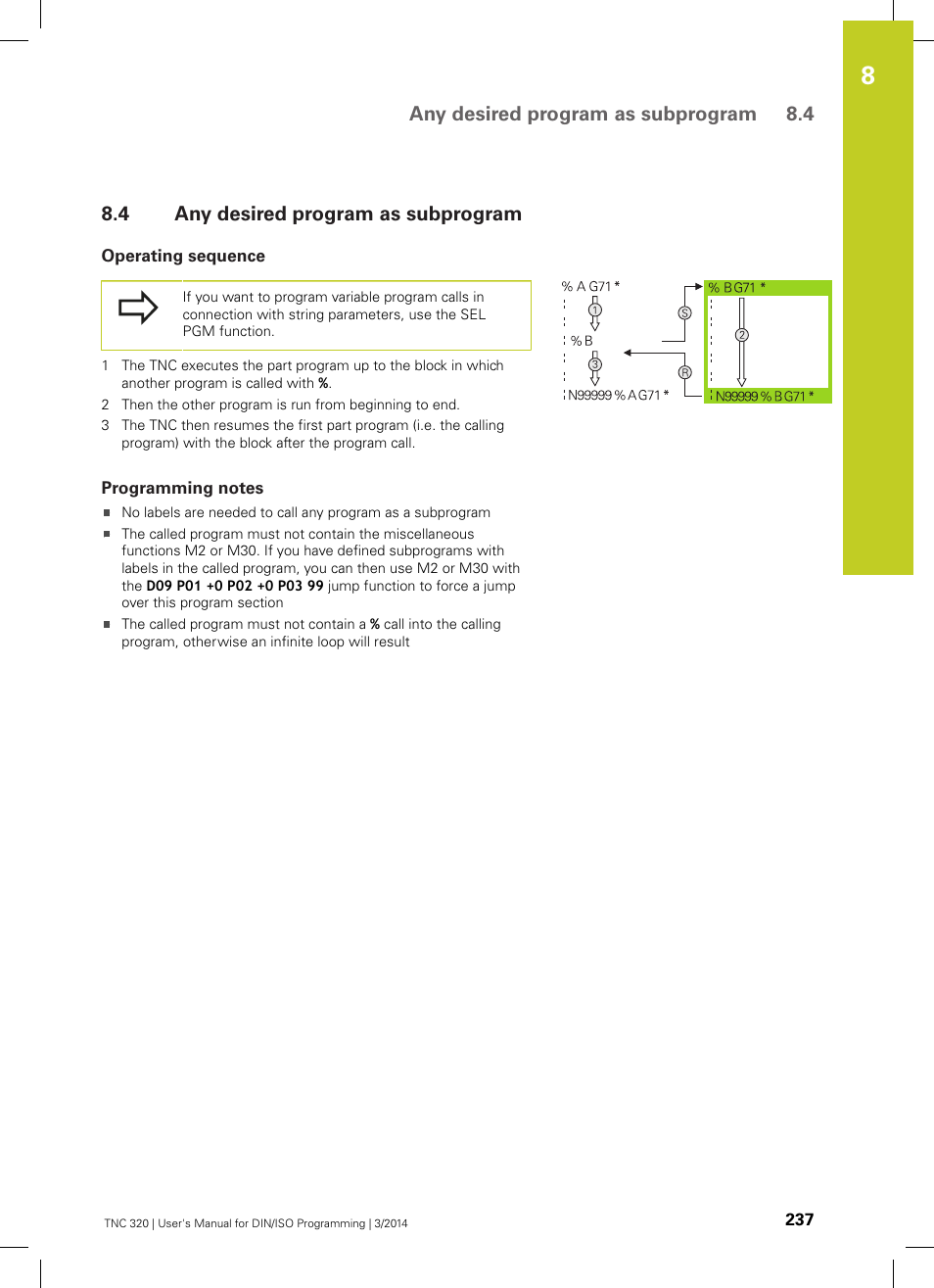 4 any desired program as subprogram, Operating sequence, Programming notes | Any desired program as subprogram, Any desired program as subprogram 8.4 | HEIDENHAIN TNC 320 (77185x-01) ISO programming User Manual | Page 237 / 556