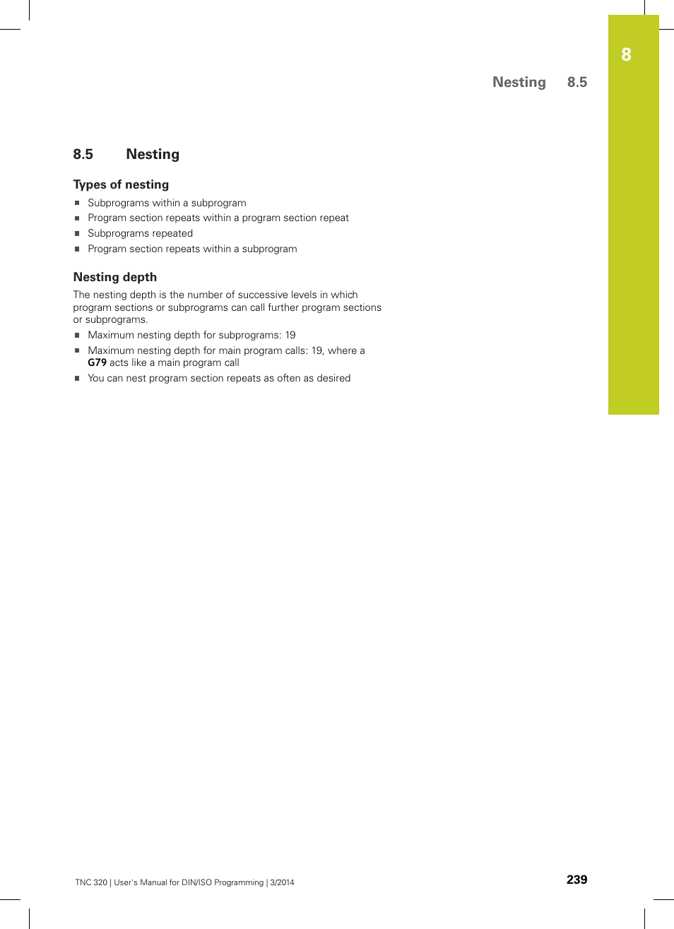5 nesting, Types of nesting, Nesting depth | Nesting | HEIDENHAIN TNC 320 (77185x-01) ISO programming User Manual | Page 239 / 556