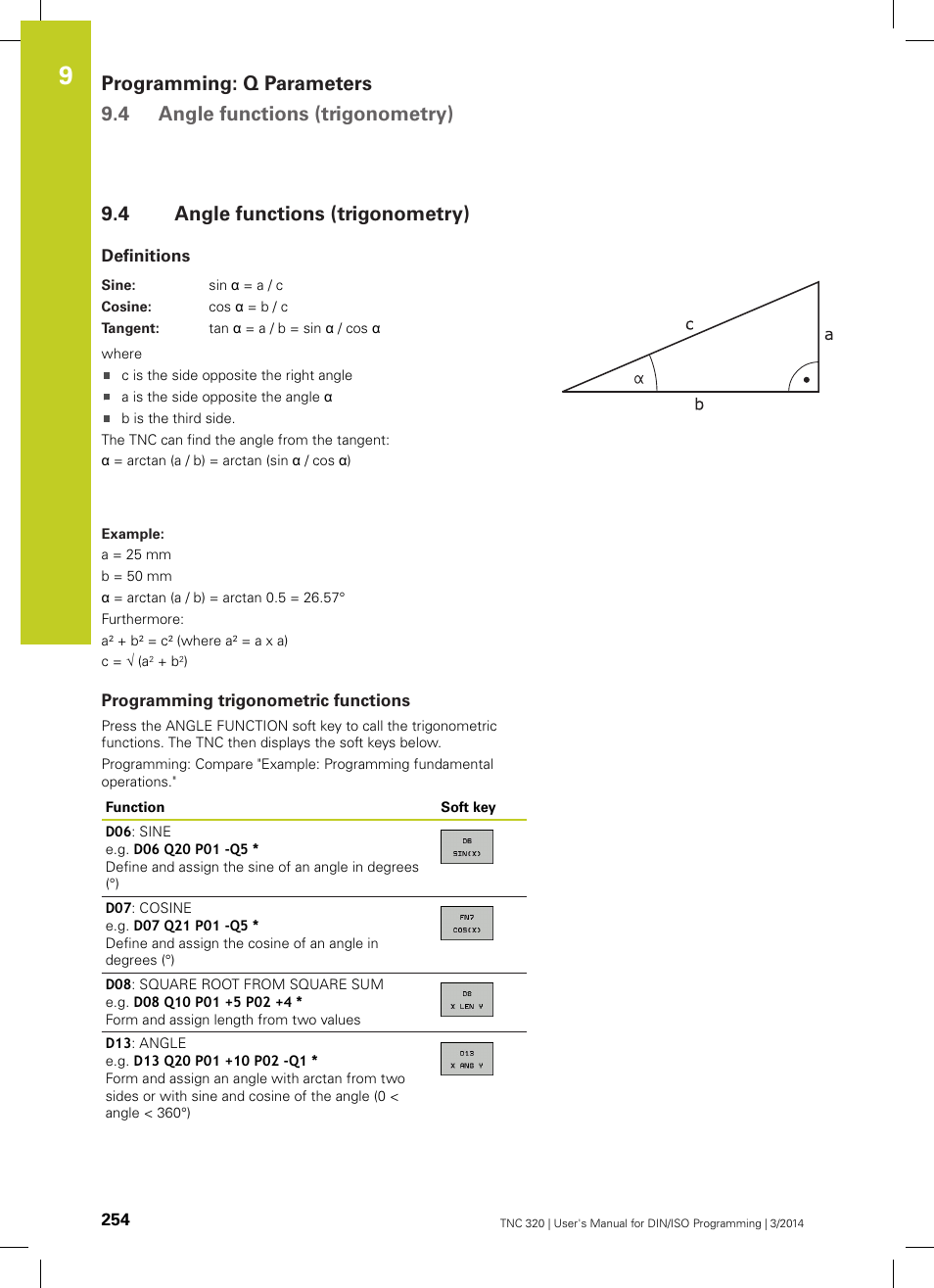 4 angle functions (trigonometry), Definitions, Programming trigonometric functions | Angle functions (trigonometry) | HEIDENHAIN TNC 320 (77185x-01) ISO programming User Manual | Page 254 / 556