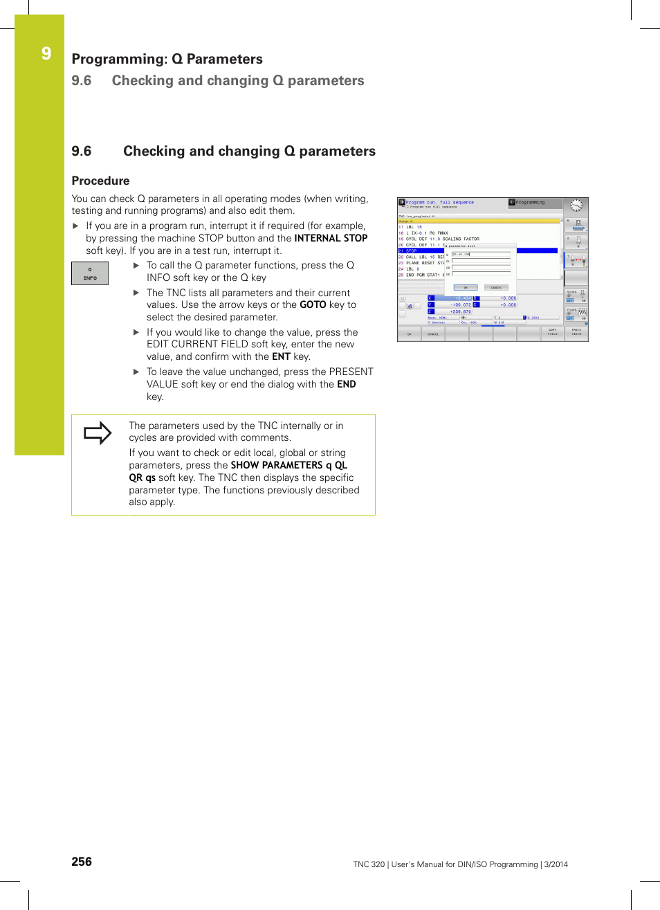 6 checking and changing q parameters, Procedure, Checking and changing q parameters | HEIDENHAIN TNC 320 (77185x-01) ISO programming User Manual | Page 256 / 556