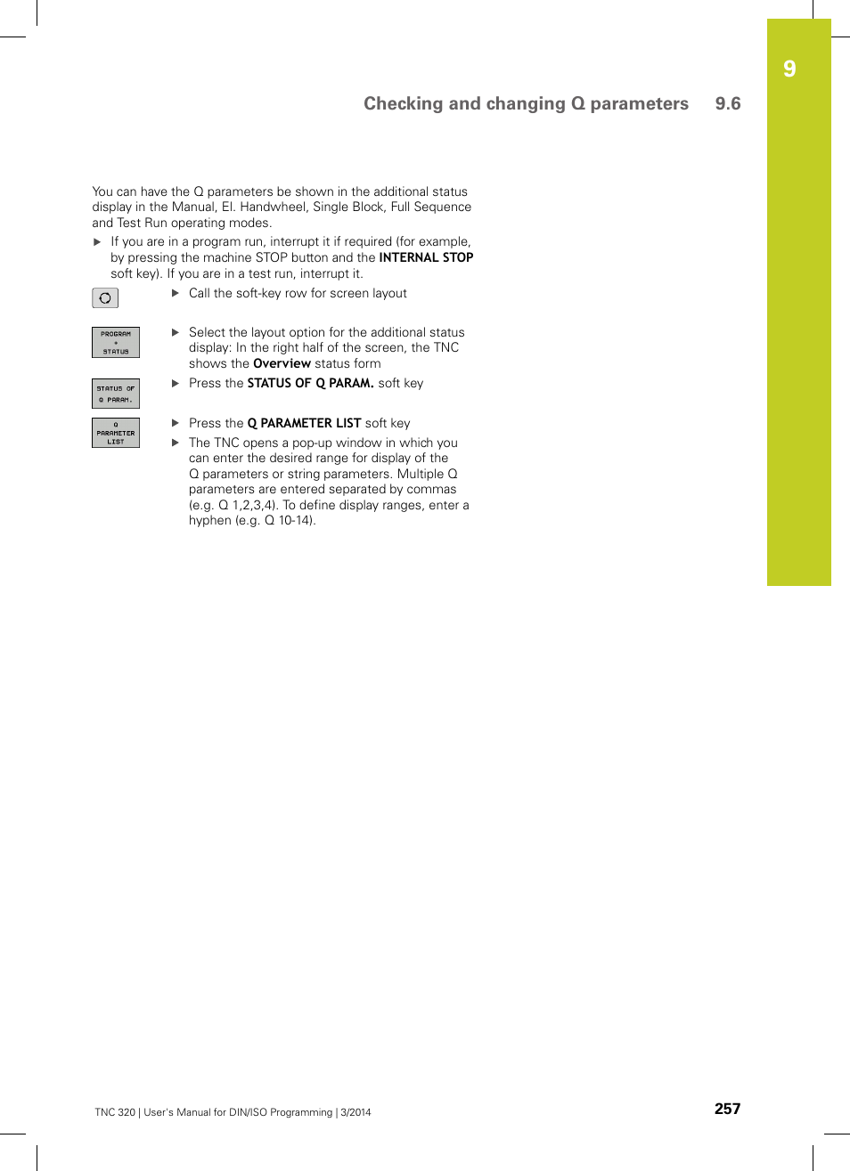 Checking and changing q parameters 9.6 | HEIDENHAIN TNC 320 (77185x-01) ISO programming User Manual | Page 257 / 556