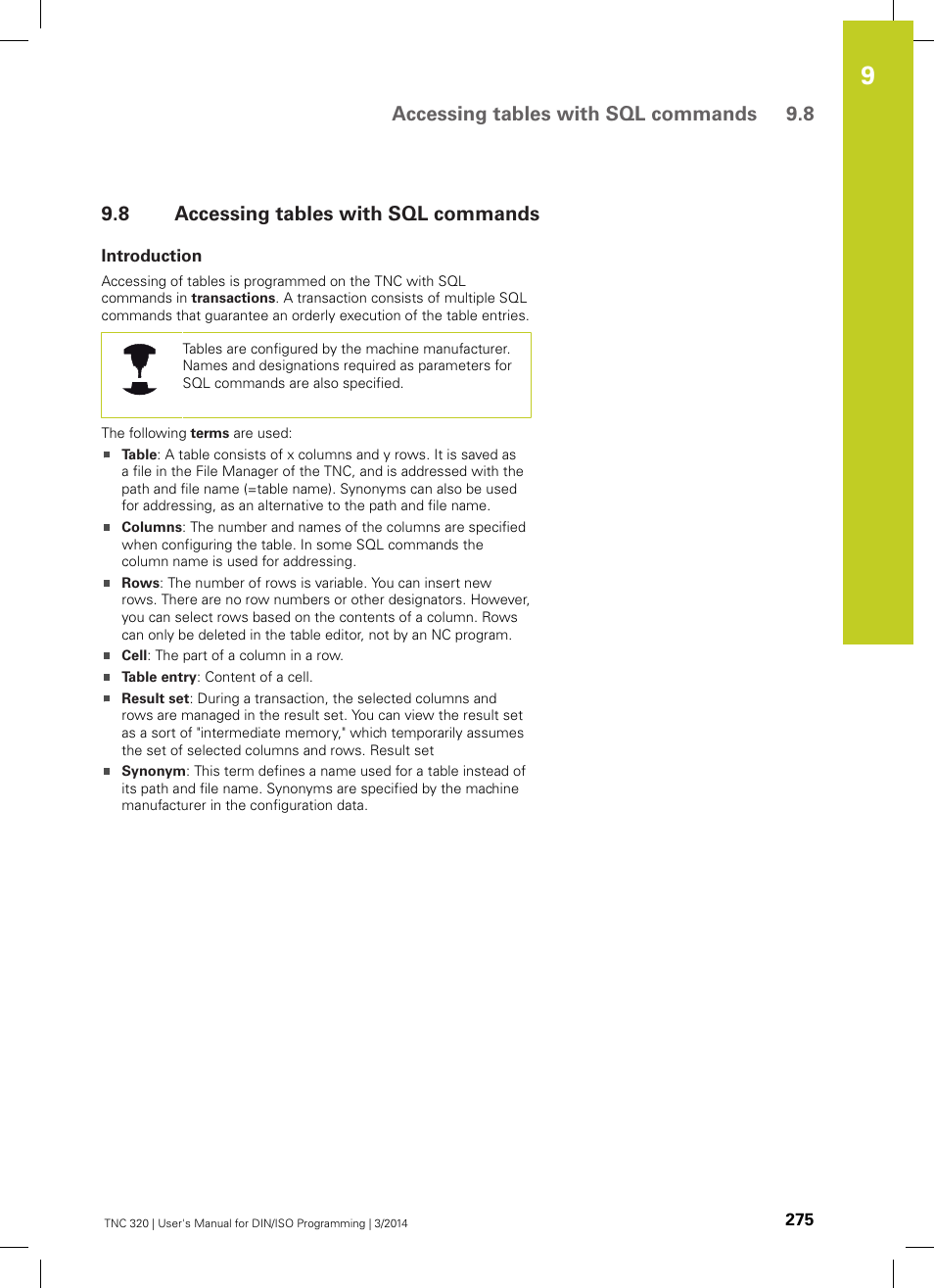 8 accessing tables with sql commands, Introduction, Accessing tables with sql commands | Accessing tables with sql commands 9.8 | HEIDENHAIN TNC 320 (77185x-01) ISO programming User Manual | Page 275 / 556