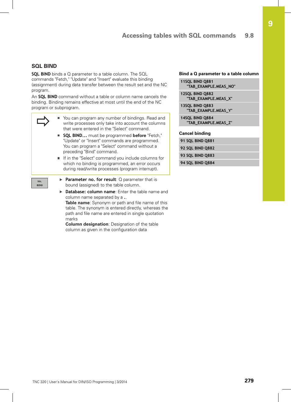 Sql bind, Accessing tables with sql commands 9.8 | HEIDENHAIN TNC 320 (77185x-01) ISO programming User Manual | Page 279 / 556