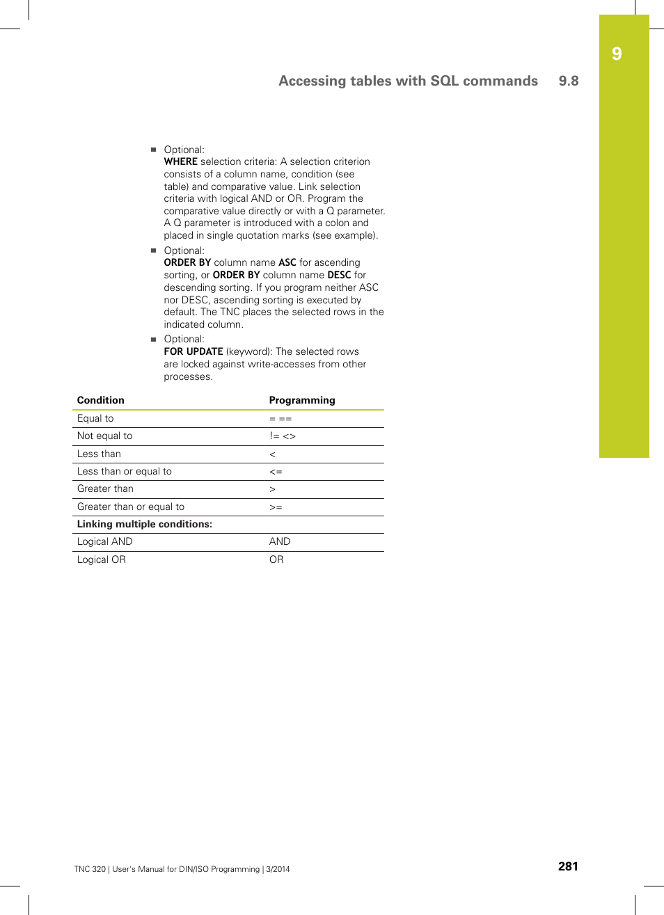 Accessing tables with sql commands 9.8 | HEIDENHAIN TNC 320 (77185x-01) ISO programming User Manual | Page 281 / 556