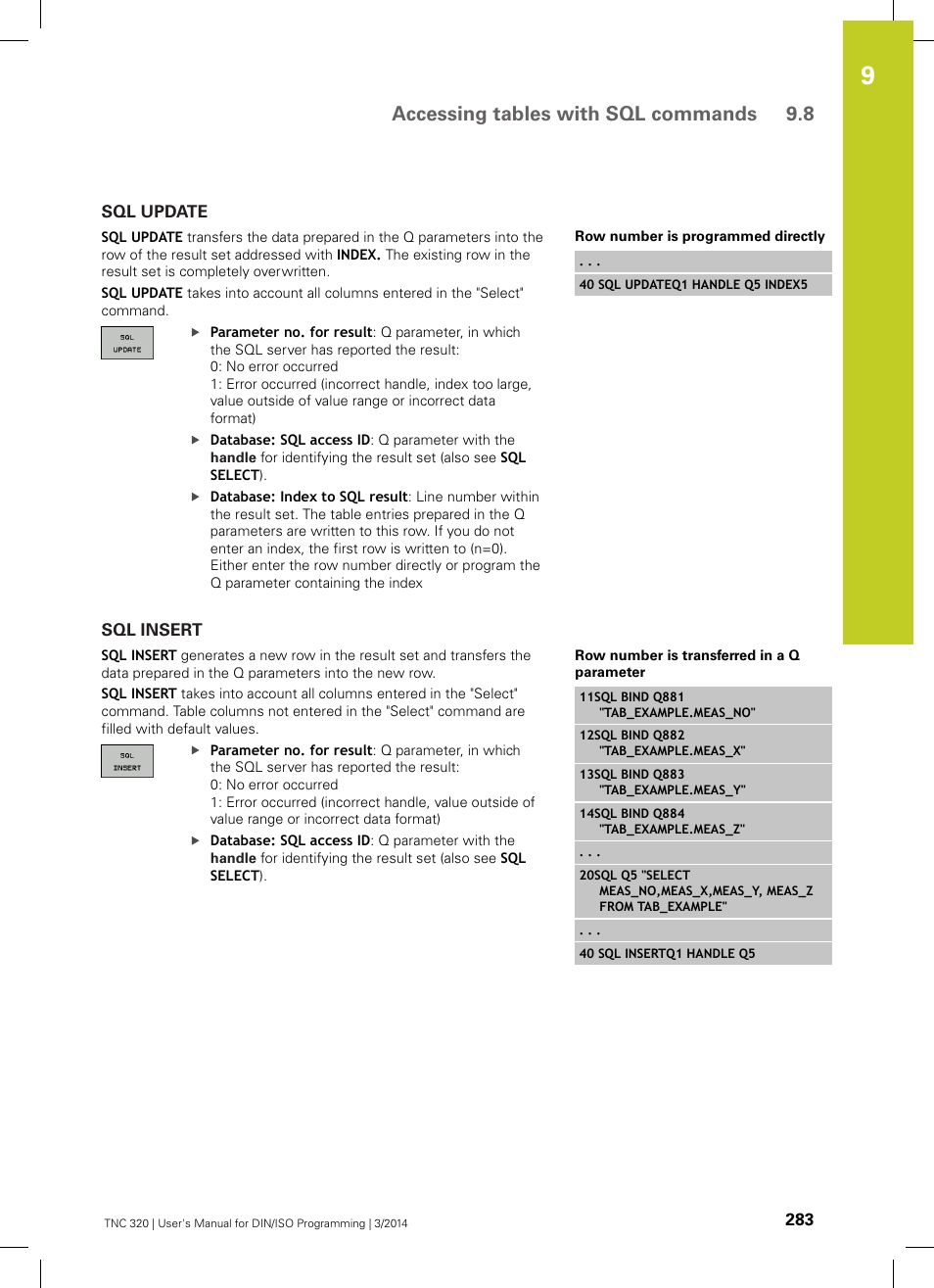 Sql update, Sql insert, Accessing tables with sql commands 9.8 | HEIDENHAIN TNC 320 (77185x-01) ISO programming User Manual | Page 283 / 556