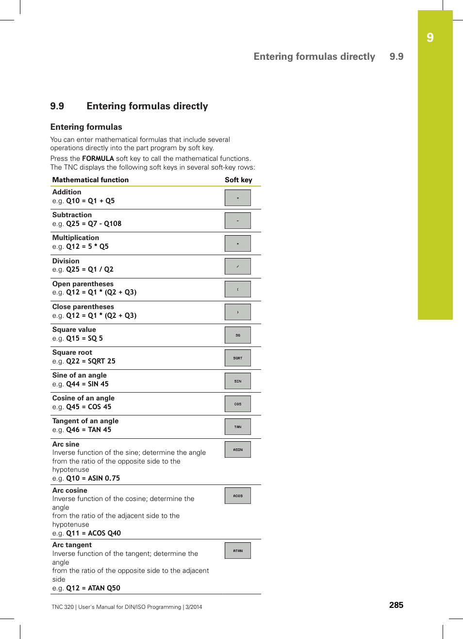 9 entering formulas directly, Entering formulas, Entering formulas directly | Entering formulas directly 9.9 | HEIDENHAIN TNC 320 (77185x-01) ISO programming User Manual | Page 285 / 556