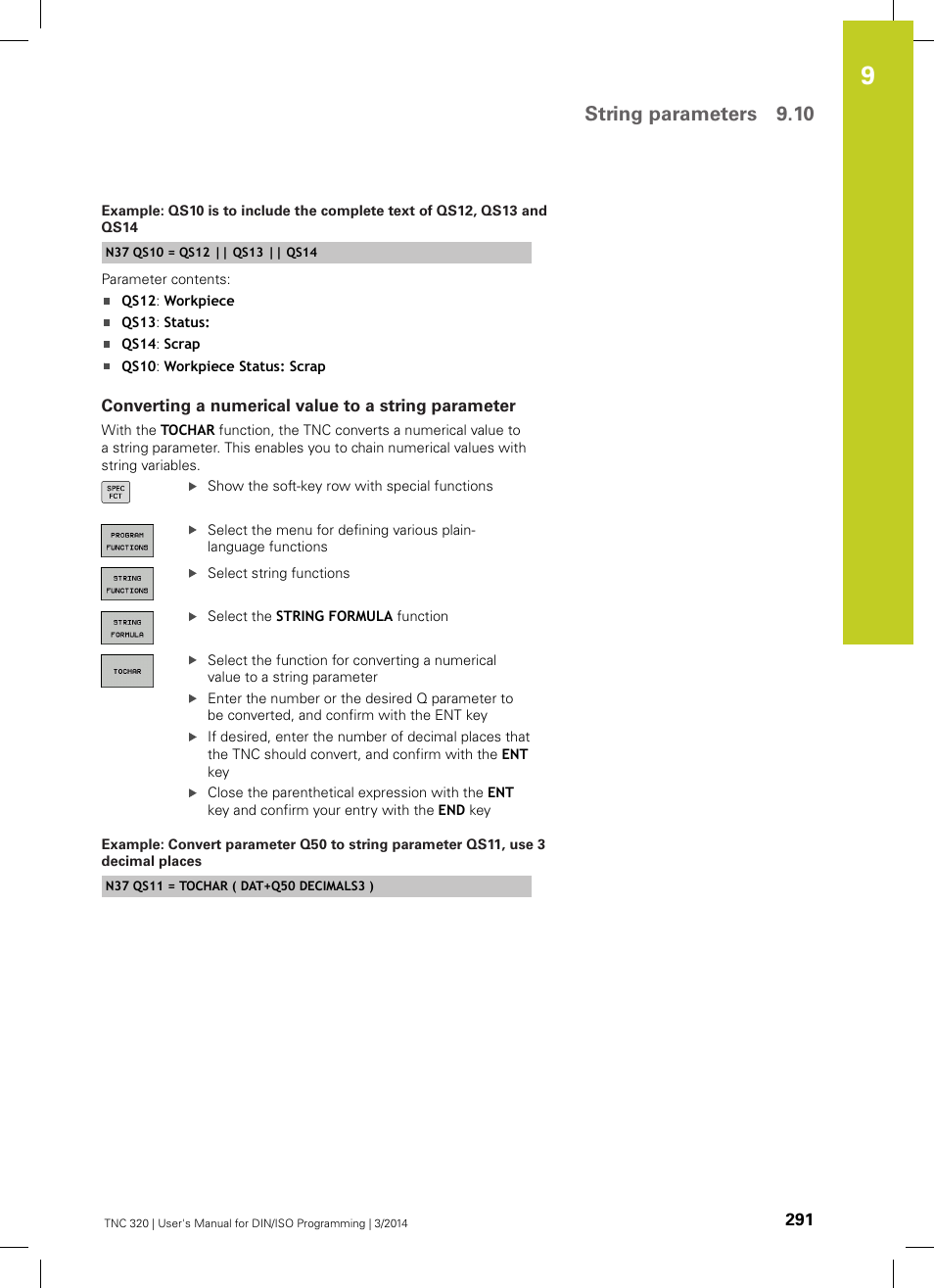 Converting a numerical value to a string parameter, String parameters 9.10 | HEIDENHAIN TNC 320 (77185x-01) ISO programming User Manual | Page 291 / 556