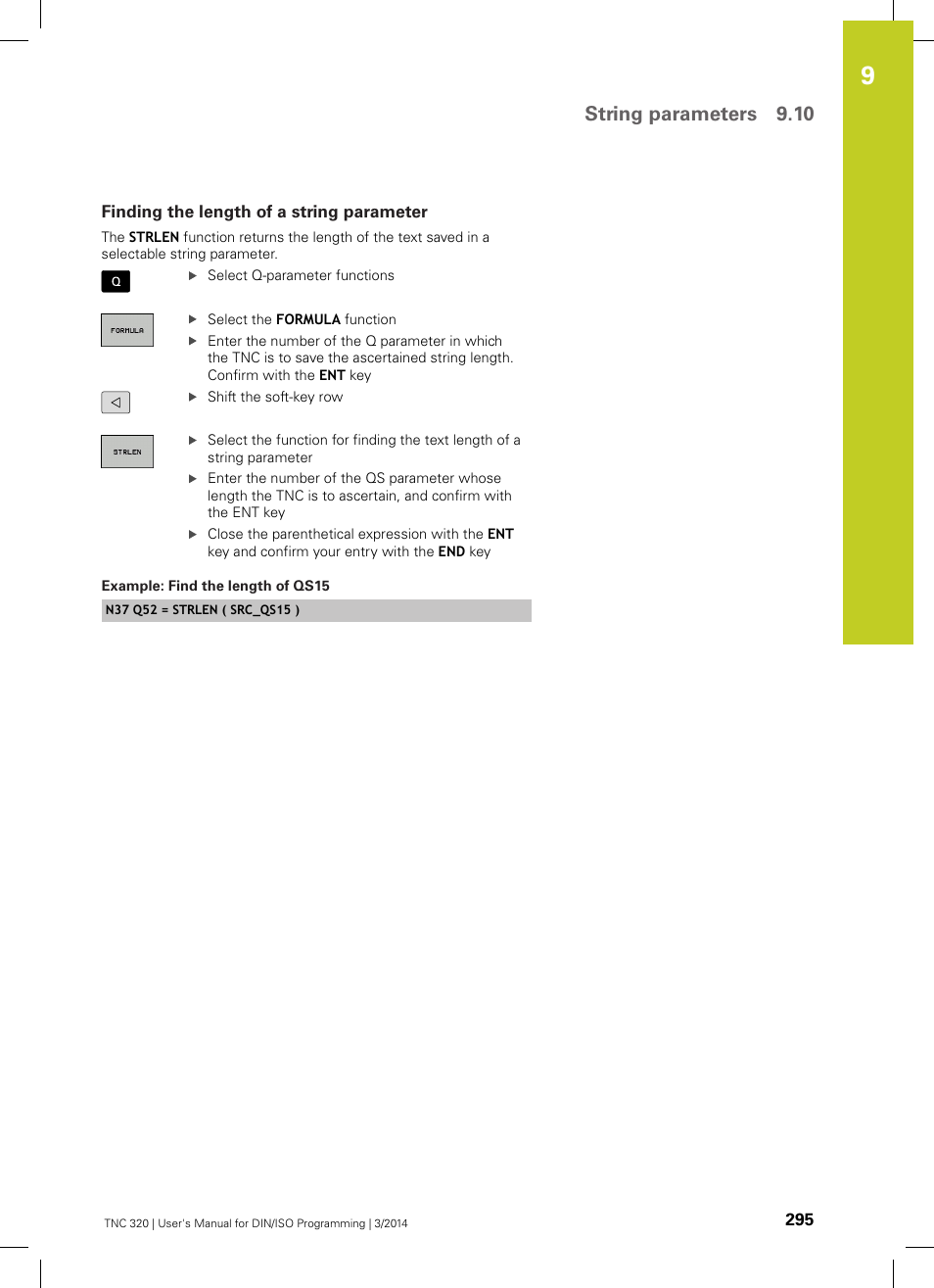 Finding the length of a string parameter, String parameters 9.10 | HEIDENHAIN TNC 320 (77185x-01) ISO programming User Manual | Page 295 / 556
