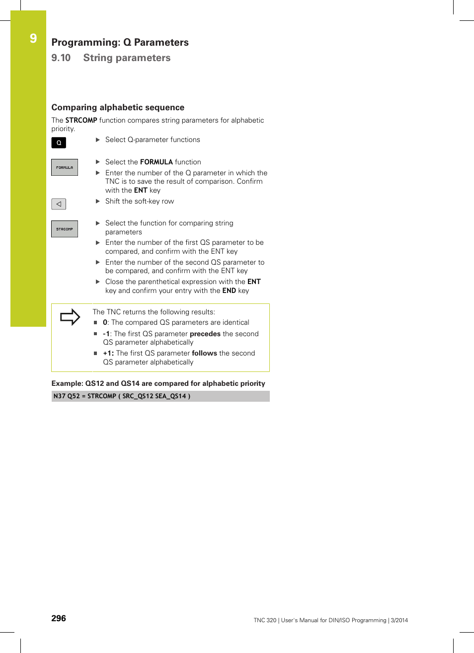 Comparing alphabetic sequence, Programming: q parameters 9.10 string parameters | HEIDENHAIN TNC 320 (77185x-01) ISO programming User Manual | Page 296 / 556