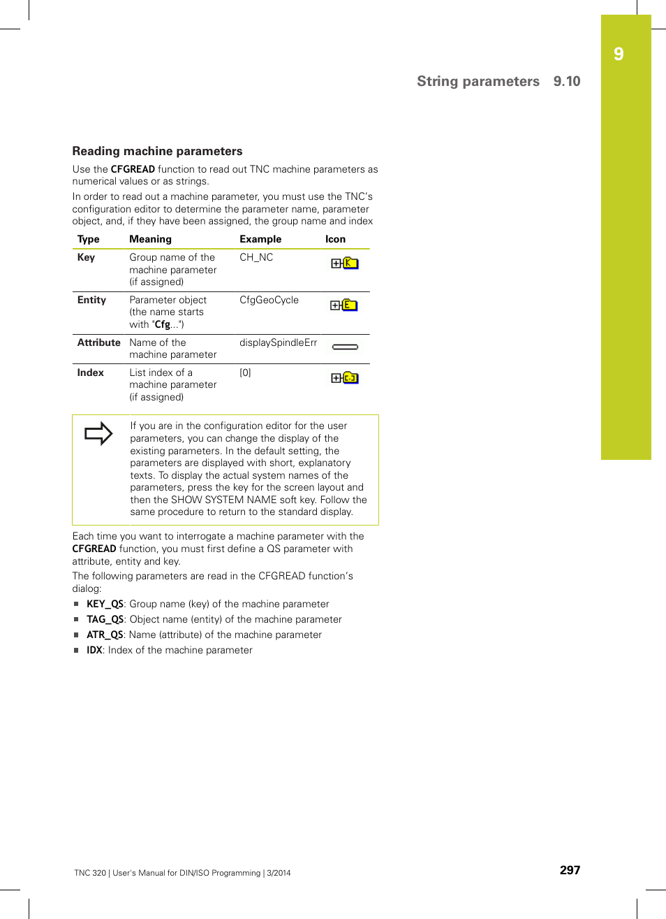 Reading machine parameters, String parameters 9.10 | HEIDENHAIN TNC 320 (77185x-01) ISO programming User Manual | Page 297 / 556