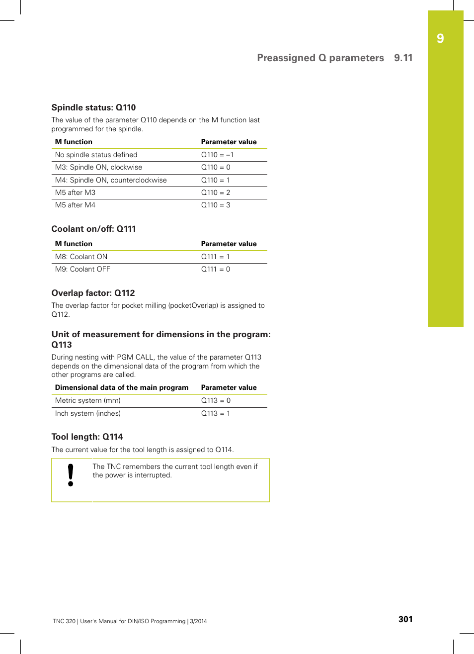 Spindle status: q110, Coolant on/off: q111, Overlap factor: q112 | Tool length: q114, Preassigned q parameters 9.11 | HEIDENHAIN TNC 320 (77185x-01) ISO programming User Manual | Page 301 / 556