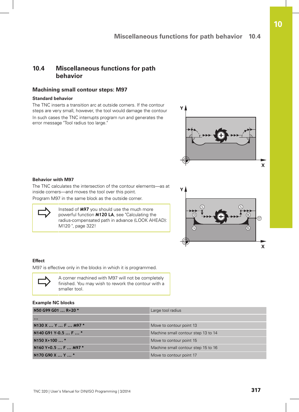 4 miscellaneous functions for path behavior, Machining small contour steps: m97, Miscellaneous functions for path behavior | Miscellaneous functions for path behavior 10.4 | HEIDENHAIN TNC 320 (77185x-01) ISO programming User Manual | Page 317 / 556