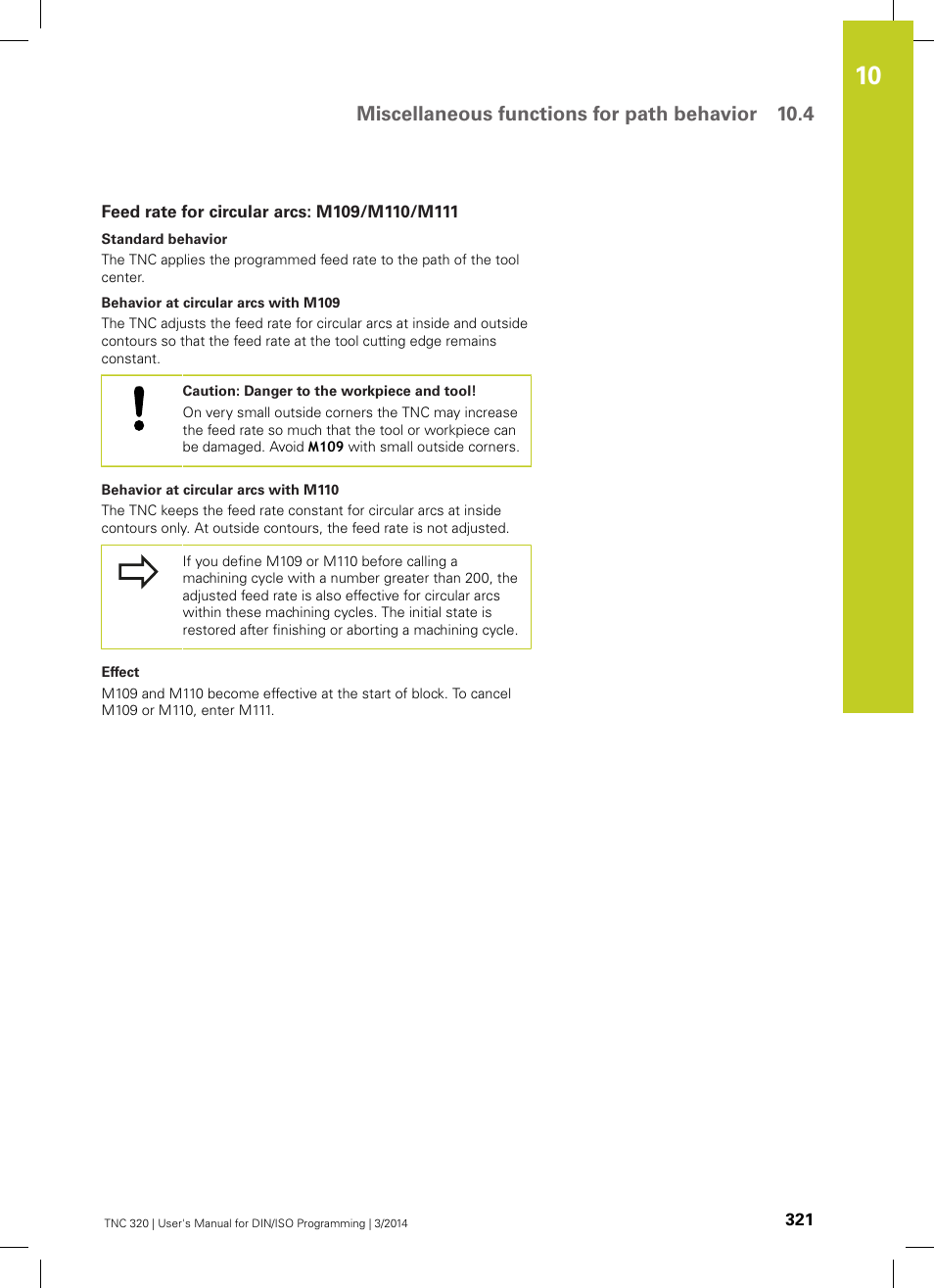 Feed rate for circular arcs: m109/m110/m111, Miscellaneous functions for path behavior 10.4 | HEIDENHAIN TNC 320 (77185x-01) ISO programming User Manual | Page 321 / 556