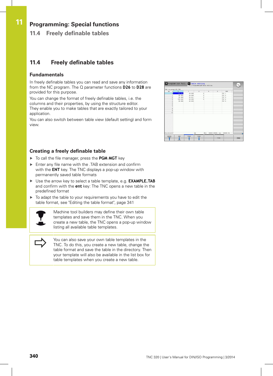 4 freely definable tables, Fundamentals, Creating a freely definable table | Freely definable, Freely definable tables | HEIDENHAIN TNC 320 (77185x-01) ISO programming User Manual | Page 340 / 556