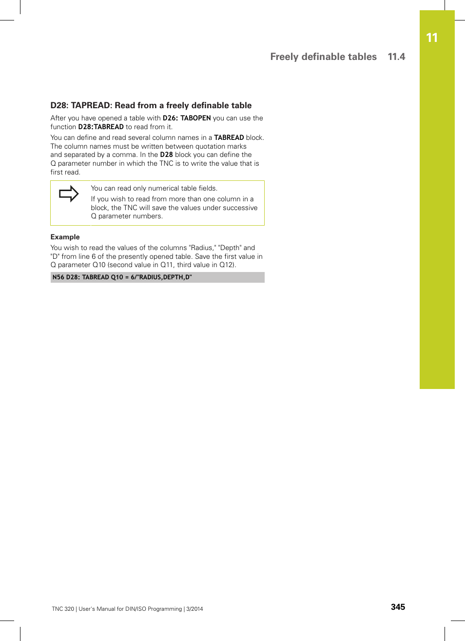 D28: tapread: read from a freely definable table, Freely definable tables 11.4 | HEIDENHAIN TNC 320 (77185x-01) ISO programming User Manual | Page 345 / 556