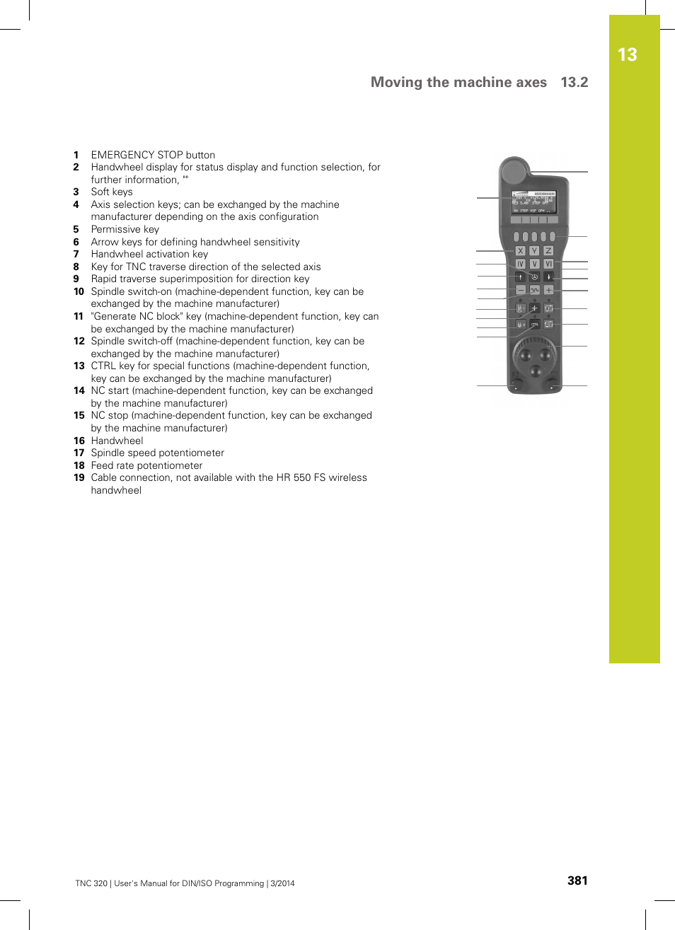 Moving the machine axes 13.2 | HEIDENHAIN TNC 320 (77185x-01) ISO programming User Manual | Page 381 / 556