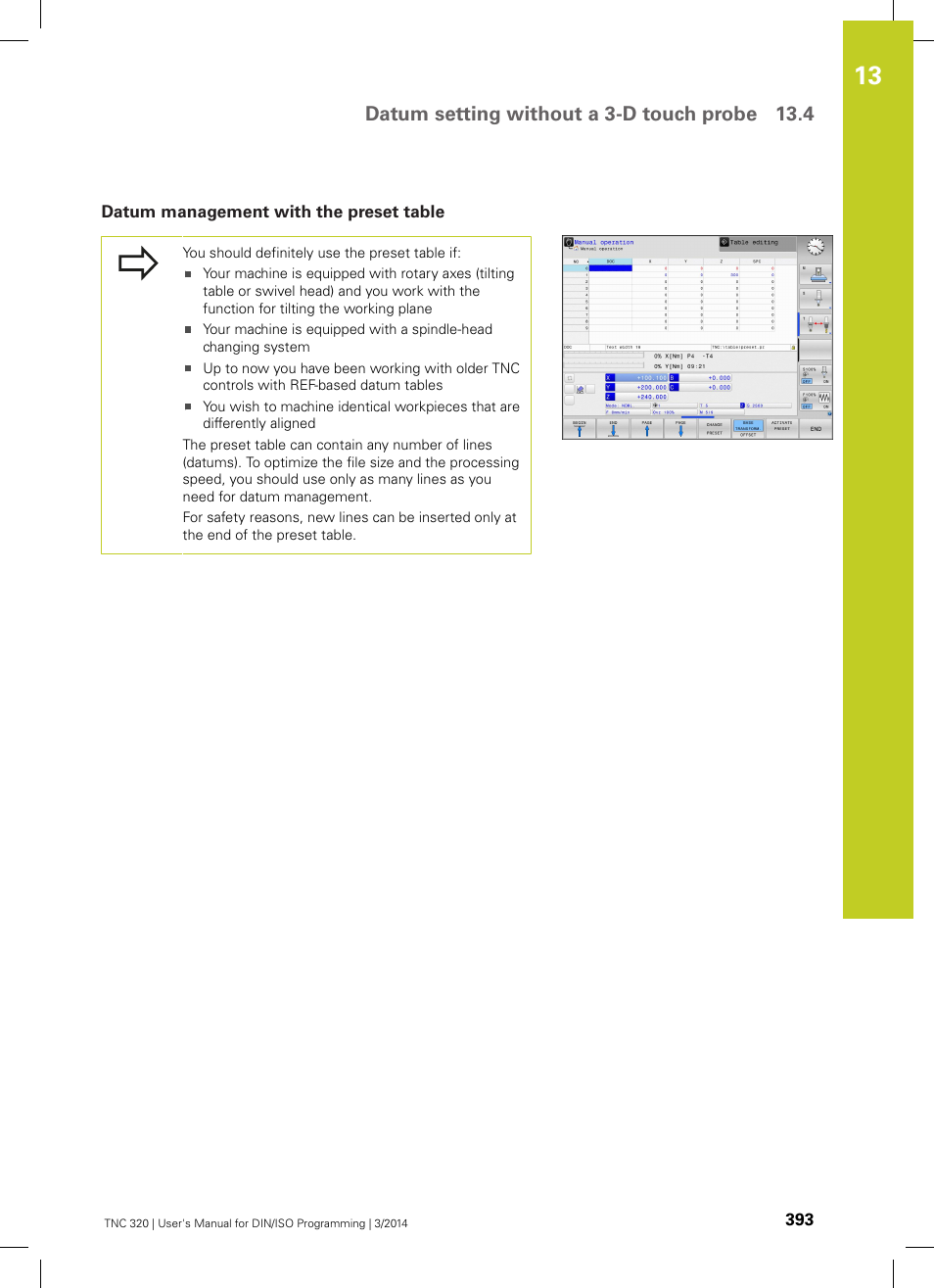 Datum management with the preset table, Datum setting without a 3-d touch probe 13.4 | HEIDENHAIN TNC 320 (77185x-01) ISO programming User Manual | Page 393 / 556