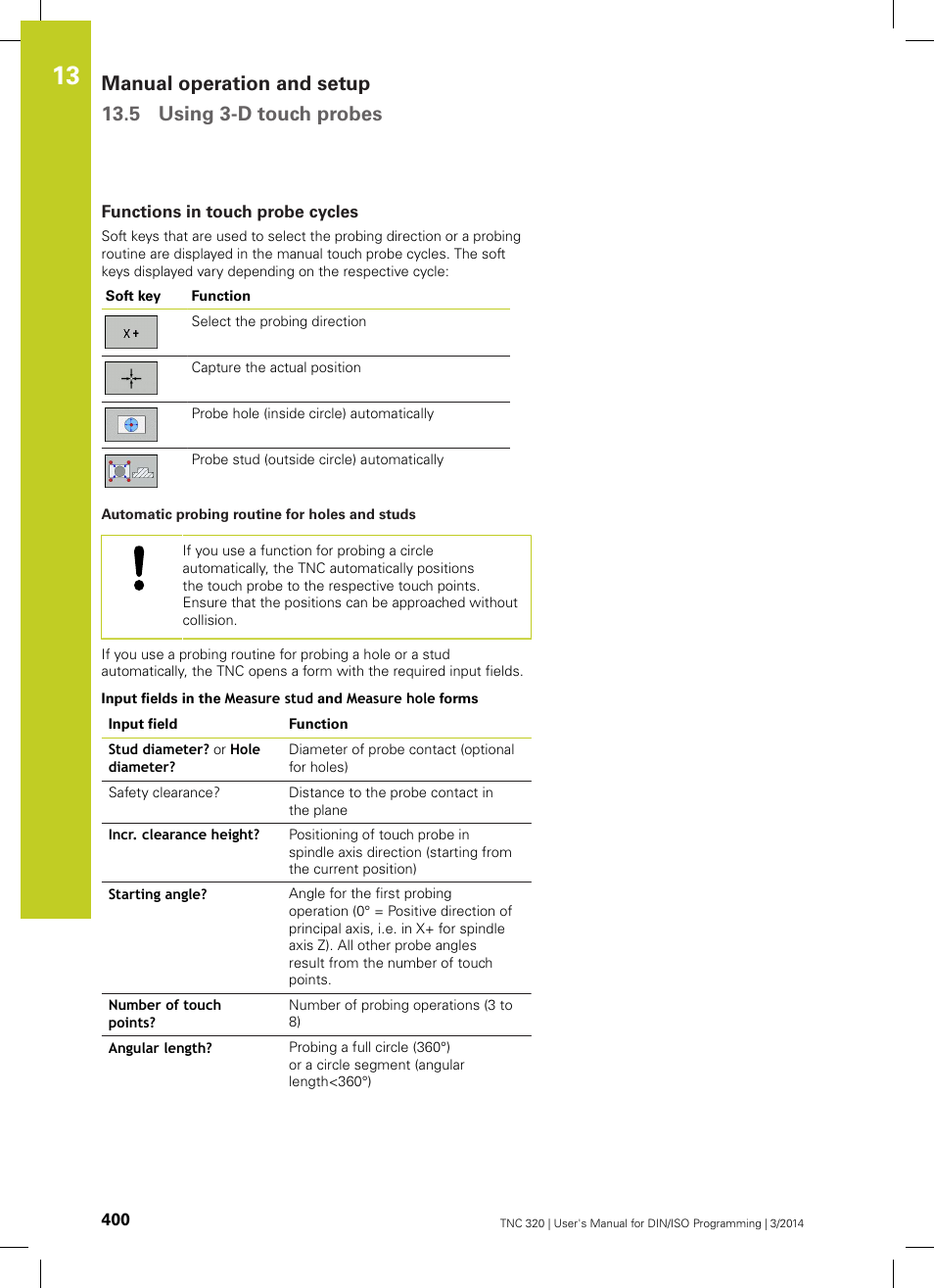 Functions in touch probe cycles | HEIDENHAIN TNC 320 (77185x-01) ISO programming User Manual | Page 400 / 556