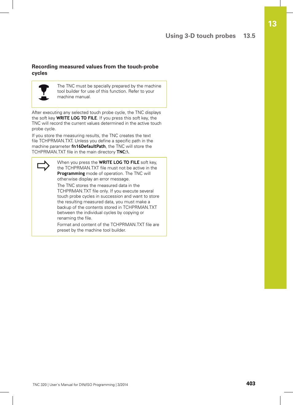 Using 3-d touch probes 13.5 | HEIDENHAIN TNC 320 (77185x-01) ISO programming User Manual | Page 403 / 556