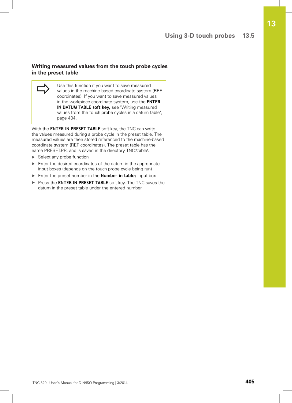 Using 3-d touch probes 13.5 | HEIDENHAIN TNC 320 (77185x-01) ISO programming User Manual | Page 405 / 556