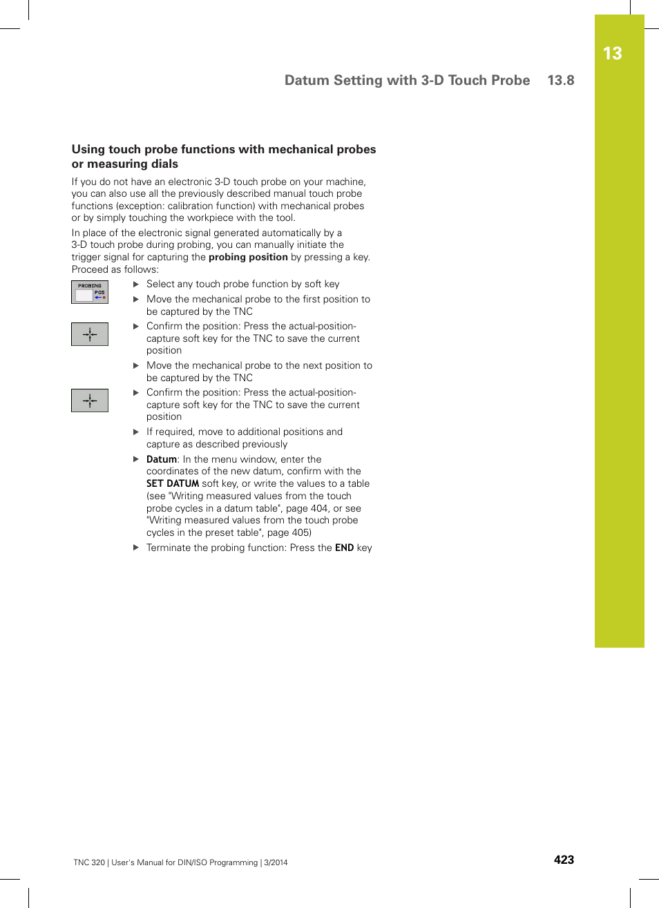 Datum setting with 3-d touch probe 13.8 | HEIDENHAIN TNC 320 (77185x-01) ISO programming User Manual | Page 423 / 556