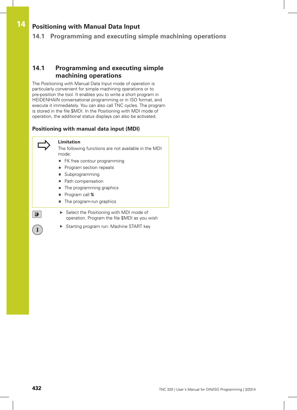 Positioning with manual data input (mdi) | HEIDENHAIN TNC 320 (77185x-01) ISO programming User Manual | Page 432 / 556