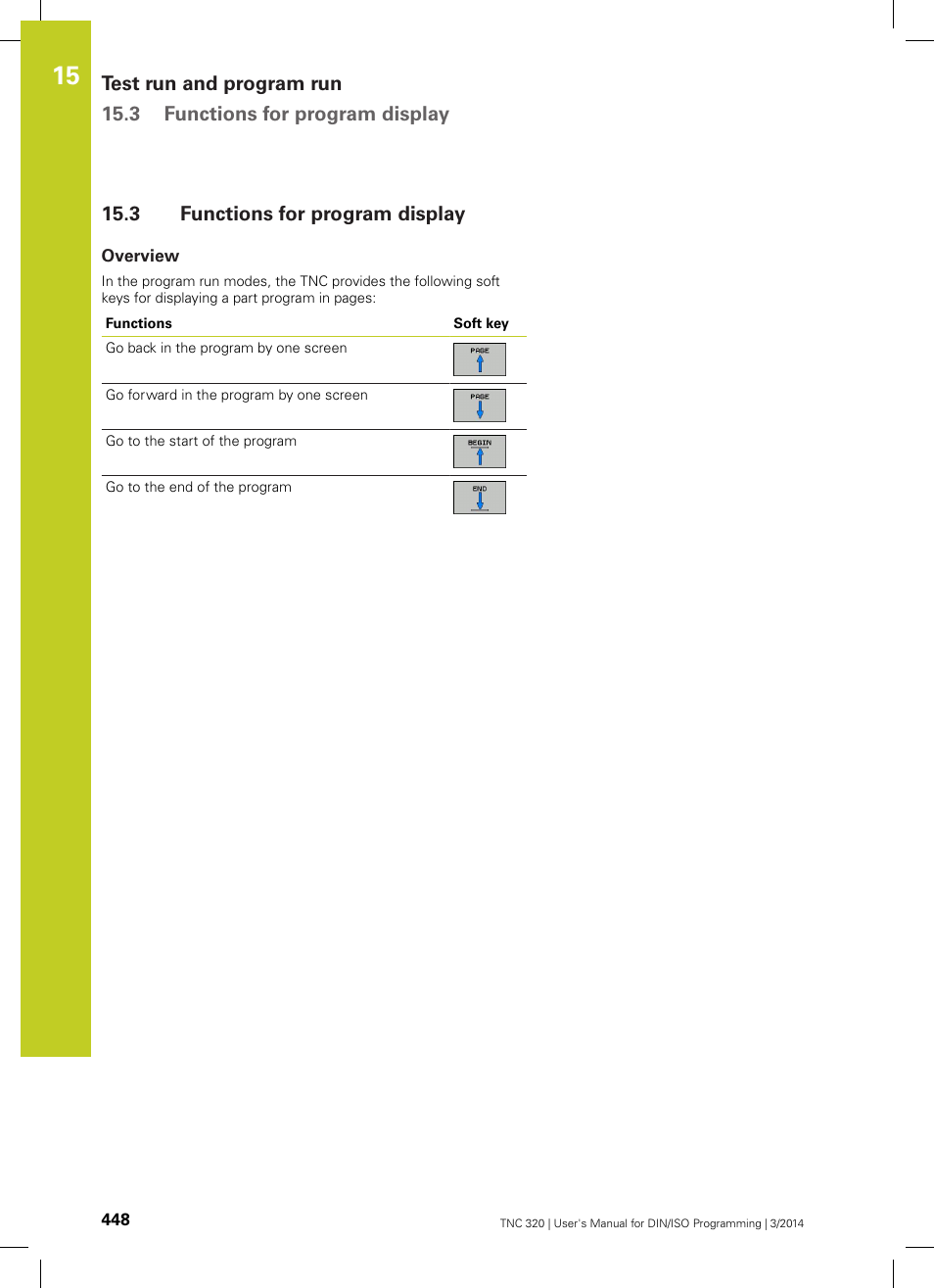 3 functions for program display, Overview, Functions for program display | HEIDENHAIN TNC 320 (77185x-01) ISO programming User Manual | Page 448 / 556