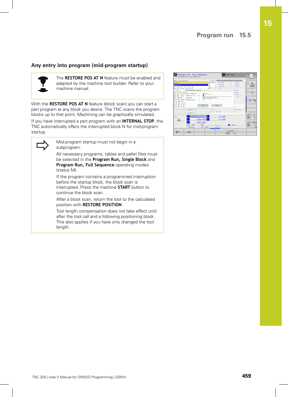 Any entry into program (mid-program startup), Program run 15.5 | HEIDENHAIN TNC 320 (77185x-01) ISO programming User Manual | Page 459 / 556