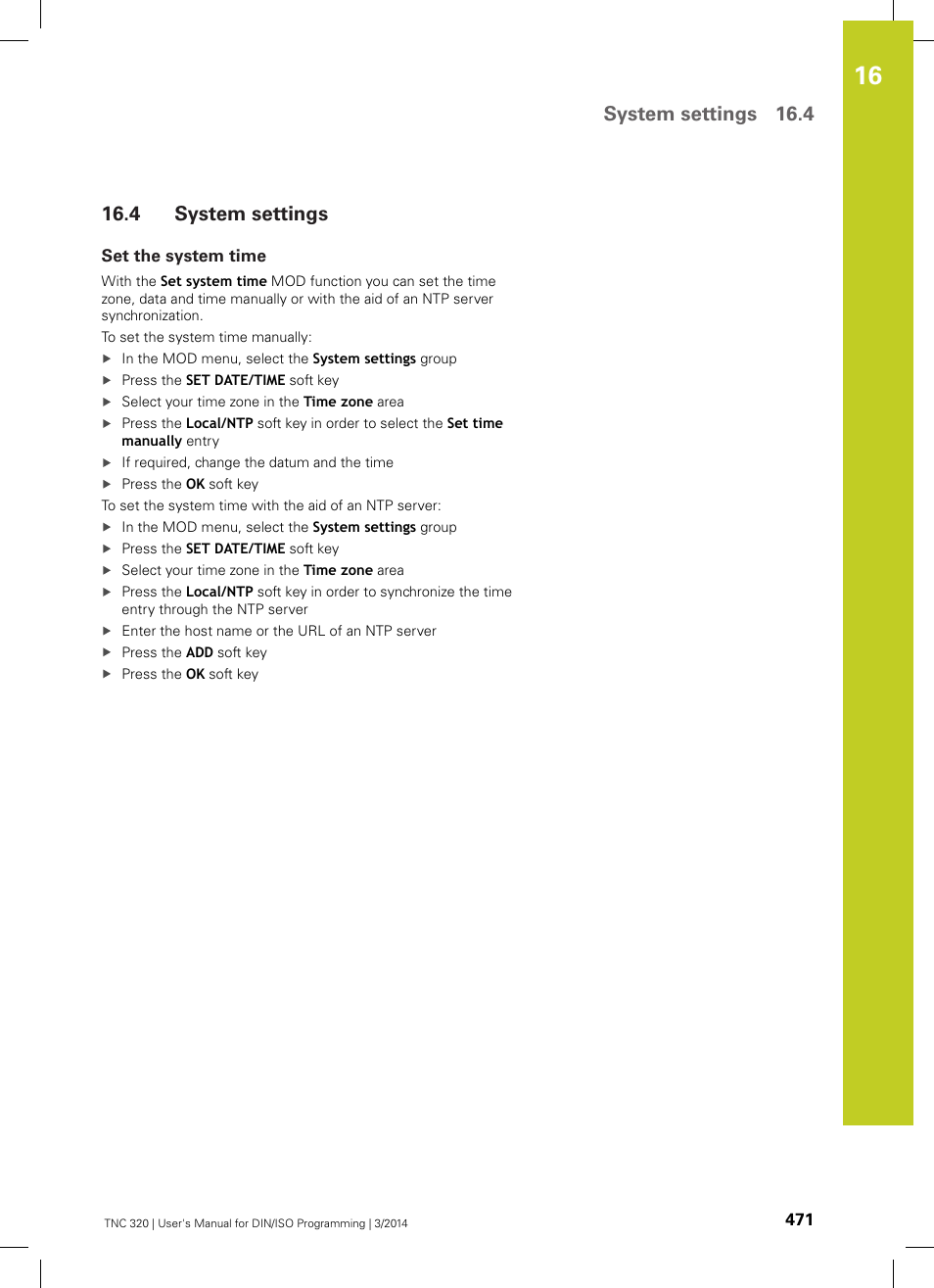 4 system settings, Set the system time, System settings | System settings 16.4 | HEIDENHAIN TNC 320 (77185x-01) ISO programming User Manual | Page 471 / 556