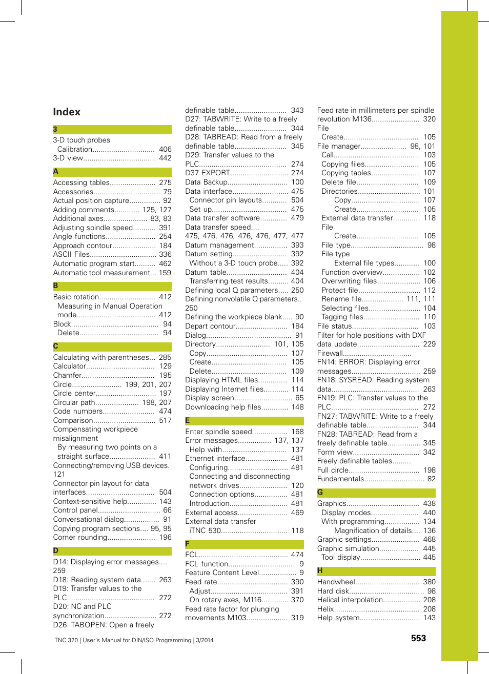 Index | HEIDENHAIN TNC 320 (77185x-01) ISO programming User Manual | Page 553 / 556